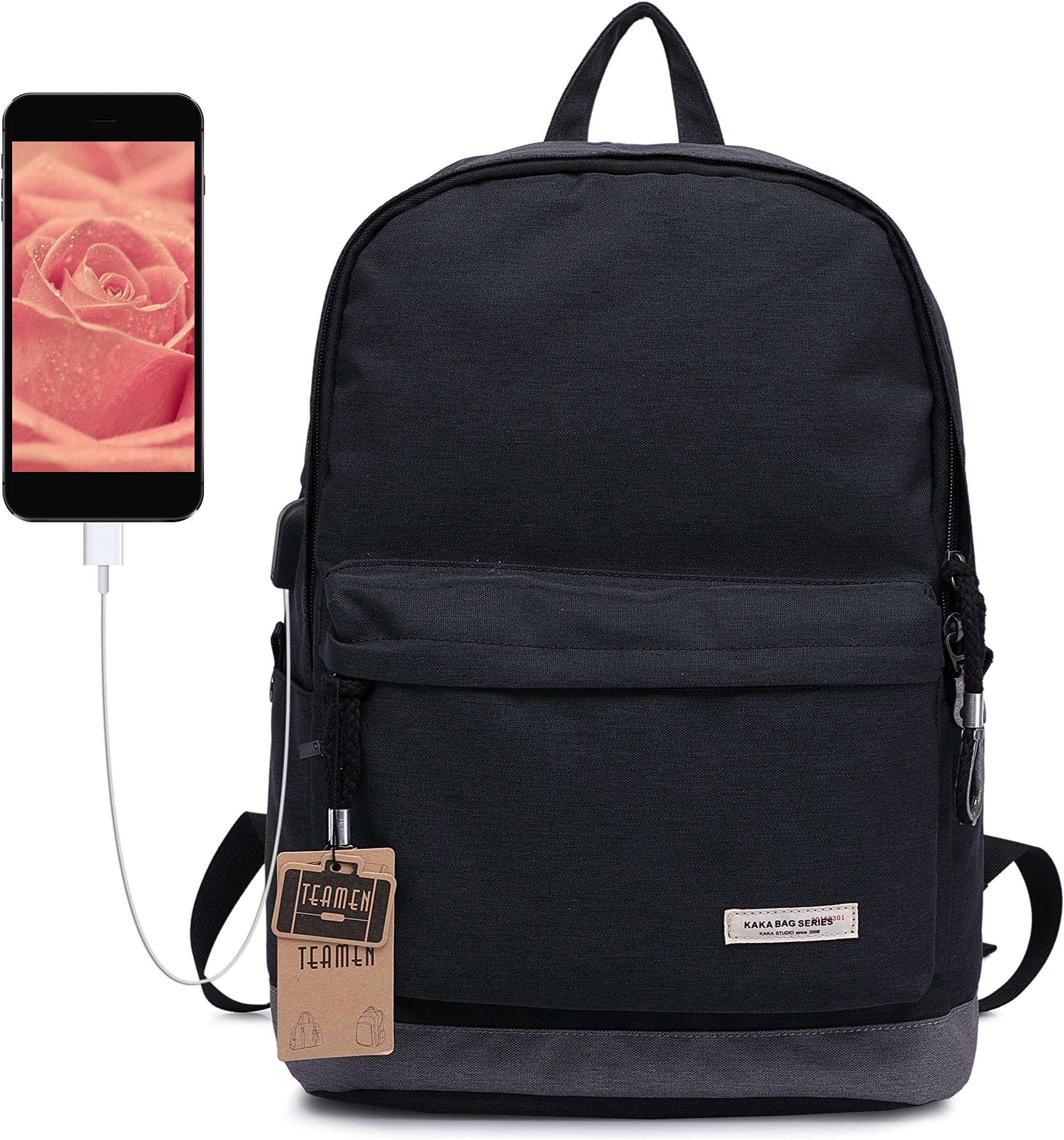 Casual Daypacks TEAMEN School Bag Waterproof Laptop Backpack with USB Charging Port (Black)