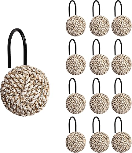 Miniatura 6 de Sunlit Ganchos de cortina de ducha con nudos bohemios, anillos blancos decorativos para cortina de ducha para baño, ganchos náuticos para cortina de