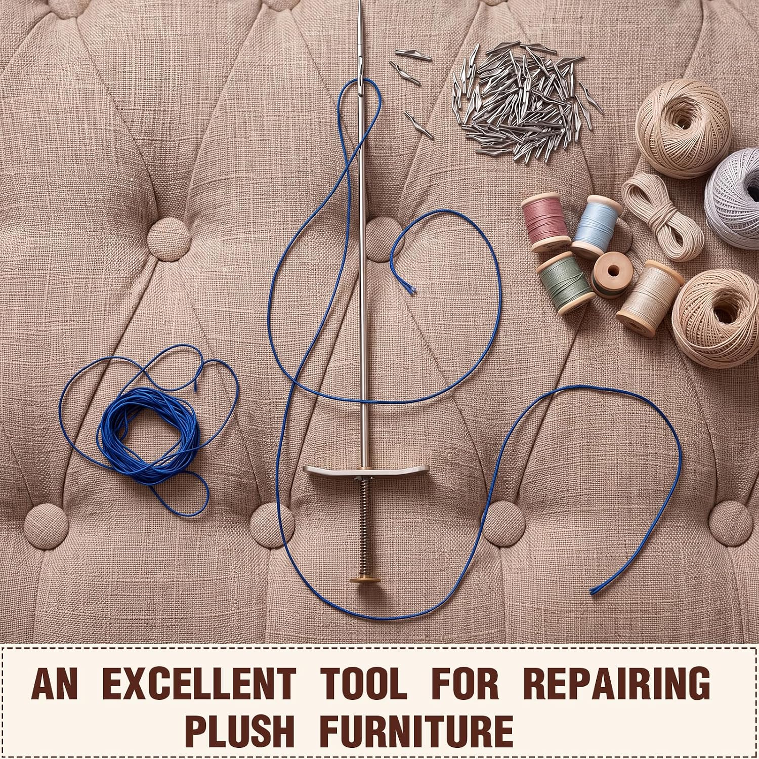 Otoolling 1 Pcs Button Tufting Needle with 100 Pcs Tufting Clasps for Upholstery, 12.5 Inch Tuft and Needle Kit for DIY Cushions Reupholstering Sofa Chair Mattress Headboard Furniture Restoration