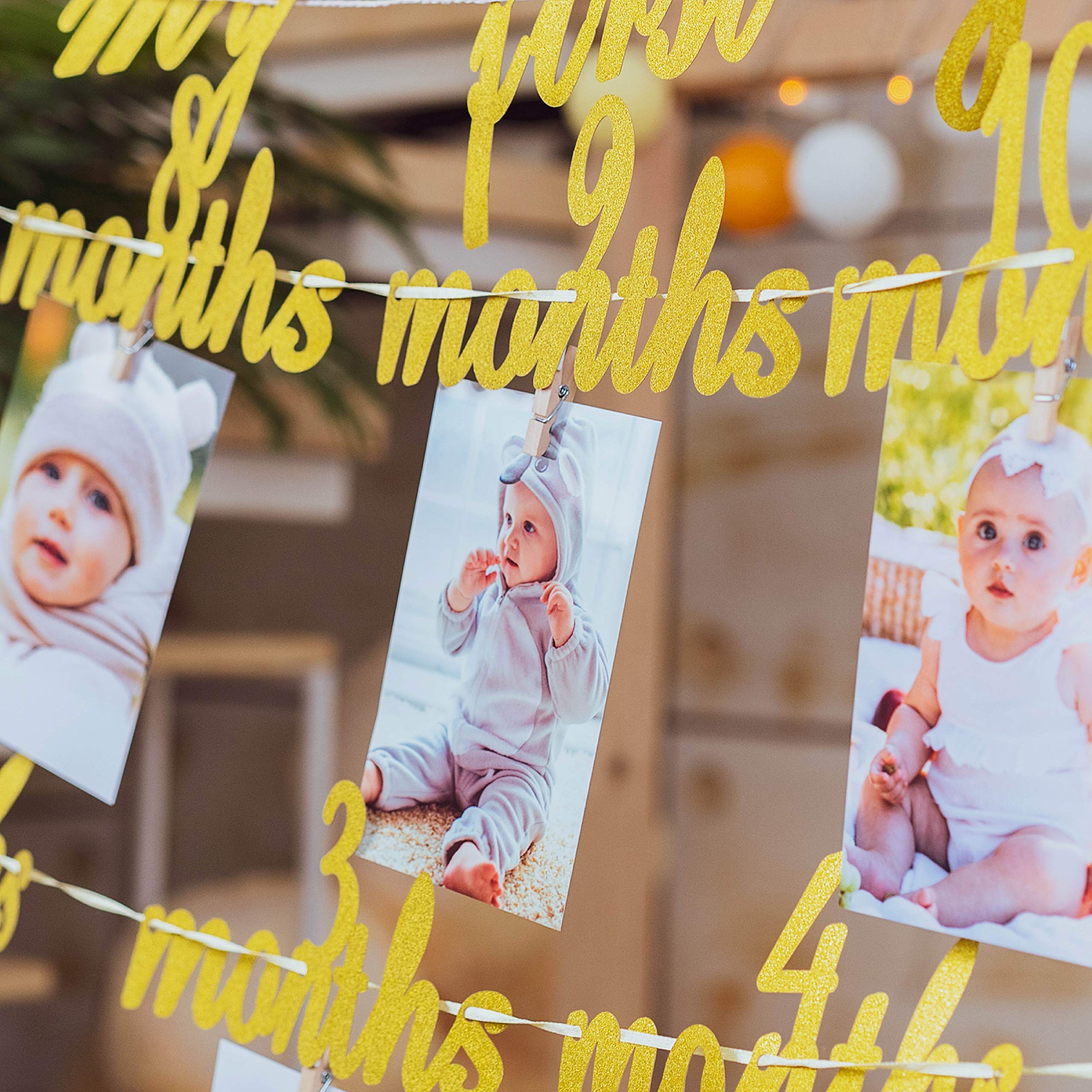 Festiko First Birthday Photo Banner | 12 Month Photo Banner for 1st Year | Gold 1st Birthday Garland with Glitters for Boy or Girl | Baby Monthly Milestone Picture Banner | Unique Party Decoration 3