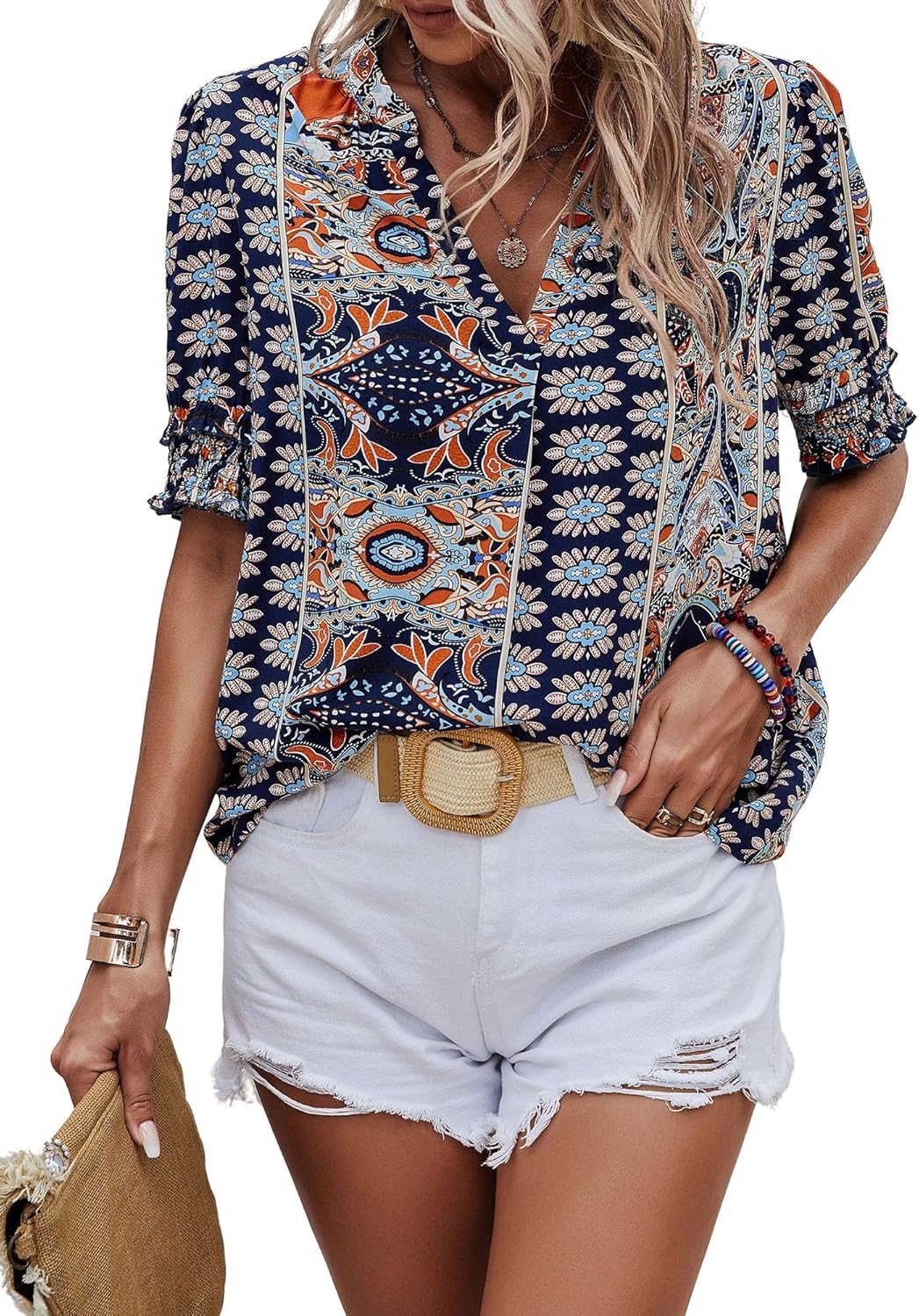 Angashion Womens Tops, Summer Casual Short Sleeve V Neck Solid Flowy Top Loose Tunic Blouses Shirts