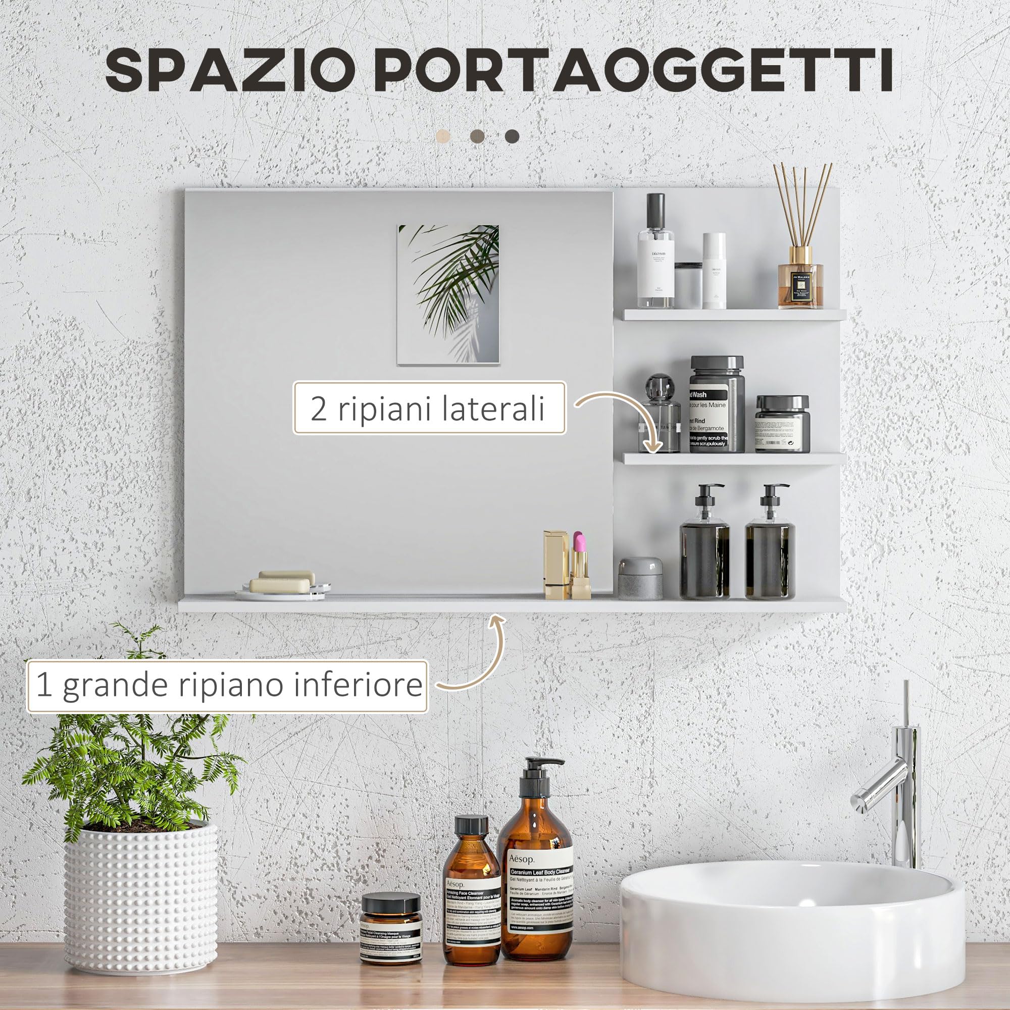 kleankin Specchio Bagno Moderno con 2 Ripiani Laterali e Ripiano Inferiore, Specchio da Parete in MDF e Vetro, 75x10x48 cm, Bianco