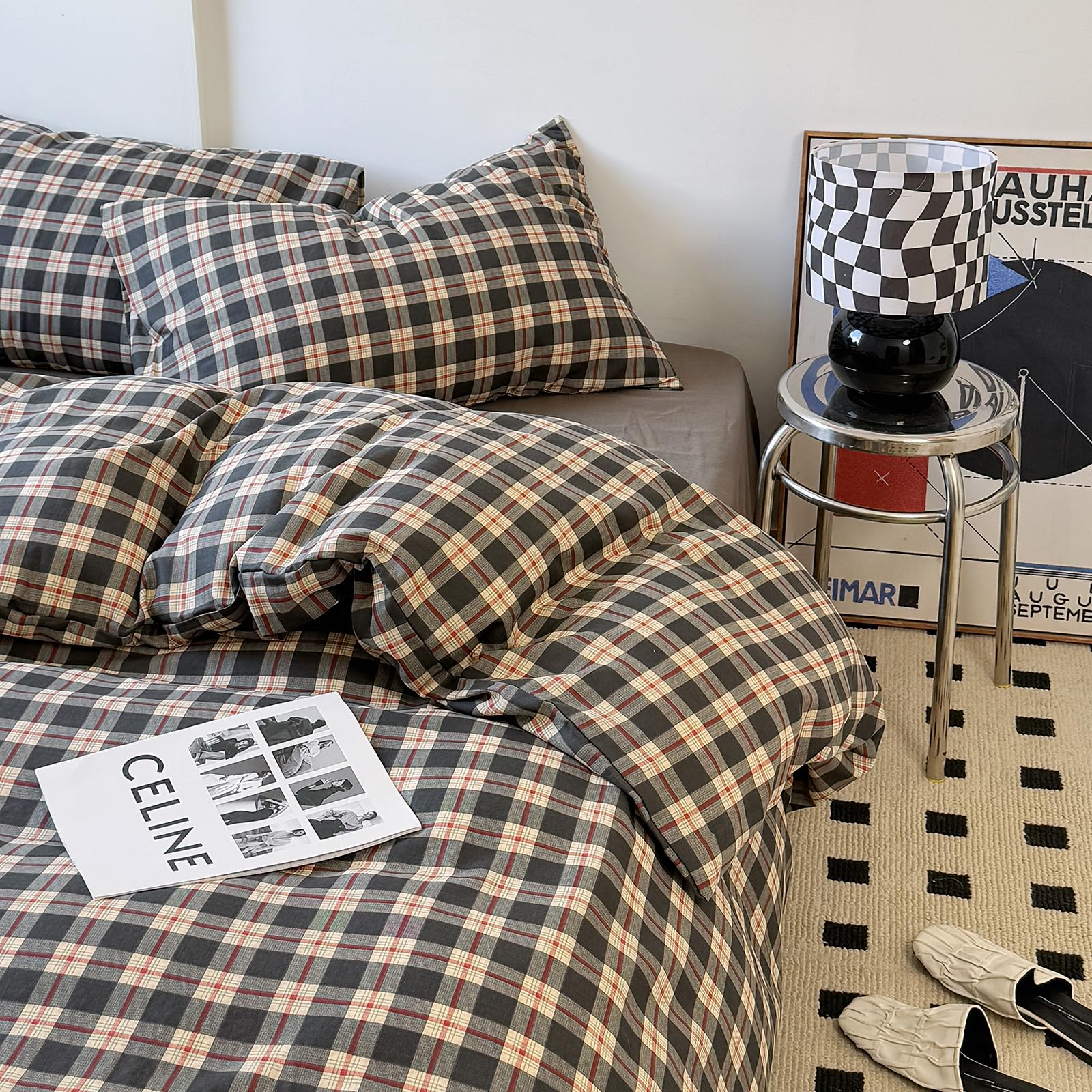 DREAMINGO Plaid Duvet Cover Full Grey Pale Yellow Checkered Bedding Set Double-Layer Cotton Gauze Gingham Comforter Cover 3 Piece Set with 2 Pillowcases Modern Aesthetic Bedroom Style — image 1