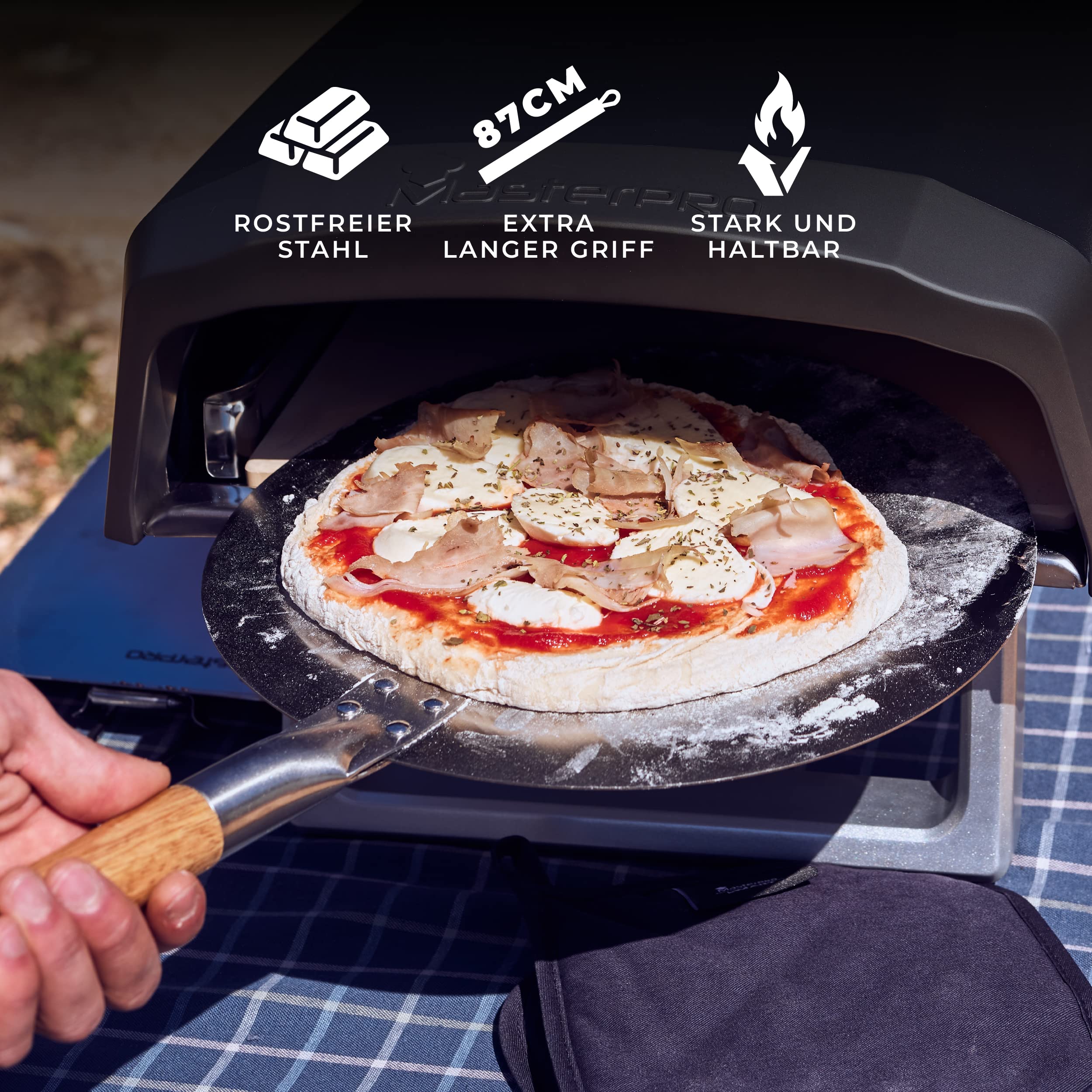 MasterPRO Foodies - Buccia per pizza da forno - In acciaio inox - Diametro 30,5 cm e lunghezza 87 cm - Manico lungo effetto legno - Testa rotonda - Testa rotonda