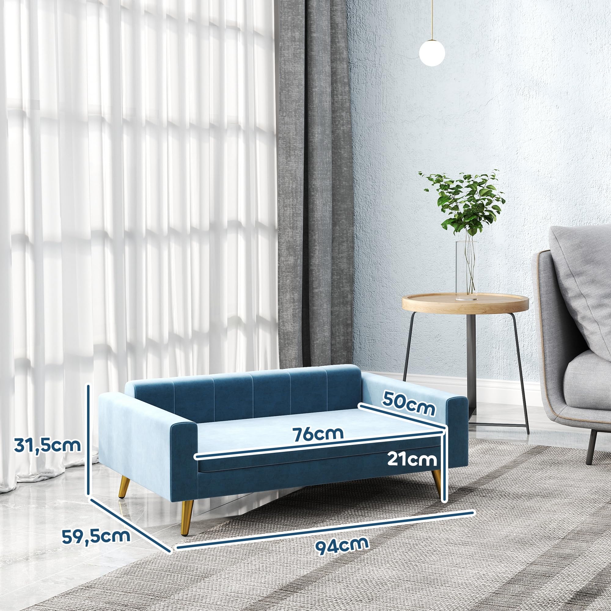 PawHut Canapé Chien, lit pour Chien, revêtement en Velours Soyeux, 94 x 59,5 x 31,5 cm, Design scandinave, canapé pour Chien sur Pied, avec Coussin Moelleux, Pieds en Acier Inoxydable, Bleu