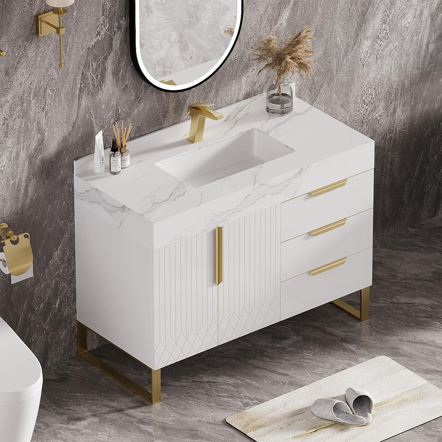 homary 36" Freestanding Bathroom Vanity Set with Single Sink, Modern Bathroom Sink Cabinet Storage Cabinet with Sintered Stone Countertop and Ample Storage, White