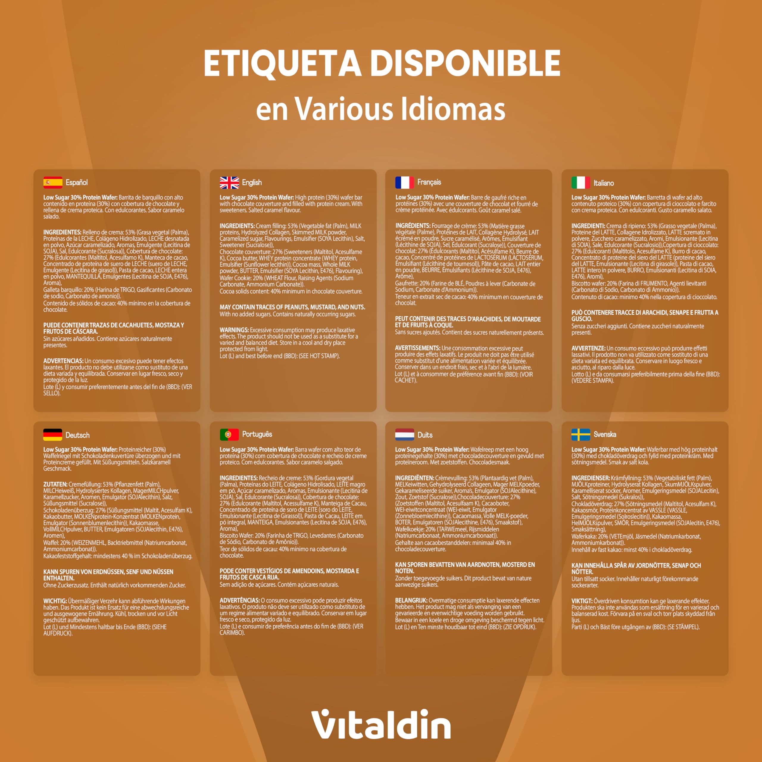 VITALDIN Protein Wafer 30% Caramelo salado| Alto Contenido en Proteína sin Azúcares Añadidos| Colágeno Hidrolizado| Contenido Reducido de Carbohidratos|Barritas Proteicas barquillo con oblea Saludable