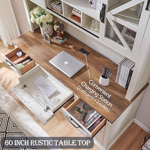 Miniatura 4 de RedLemon Escritorio estilo granja de 60 pulgadas con estantería superior, escritorio ejecutivo de madera para oficina en casa con cajón, estación de