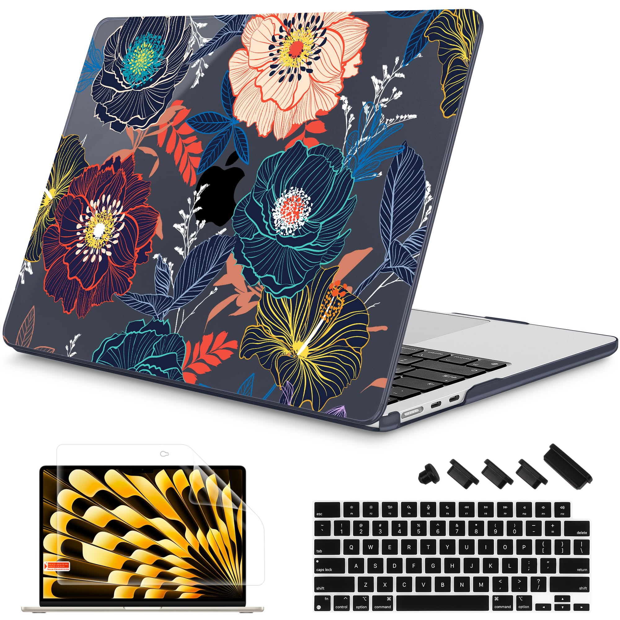 Mektron for 2026/2025/2024/2023 MacBook Air 15 INCH M5 A3448 /M4 A3241 /M3 A3114 /M2 A2941 Case, Printed Plastic Hard Shell Cover with 15.3" Liquid Retina Display Touch ID, Dahlia Flowers
