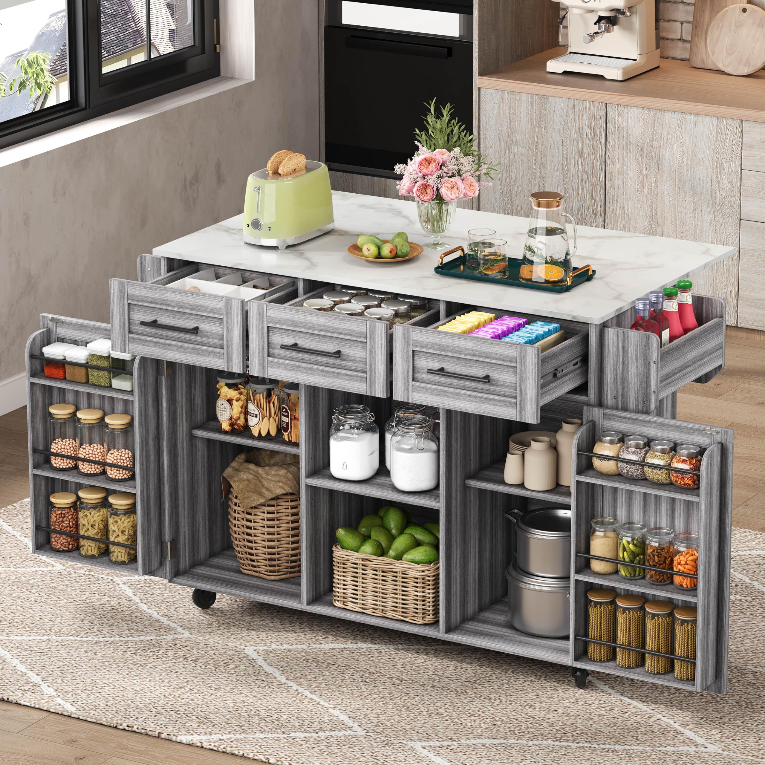Merax Kitchen Island on Wheels with Foldable Wood Grain Countertop, Kitchen Trolley Cart with 3 Drawers, Storage Cabinets, Mobile Kitchen Island for Dining Room & Kitchen,Gray โ image 1