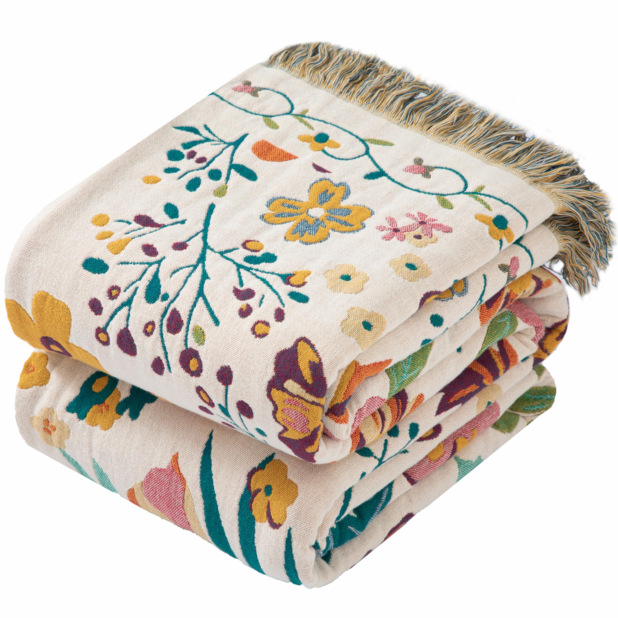 Dormilin Bohemian Throw Blanket for Sofa 150x200cm, 100% Organic Cotton Woven Picnic Blanket for Bed Couch 2-3 Seater, Soft Muslin Quilt with Floral Jacquard, Double-sided Bedspread Throws Green/White