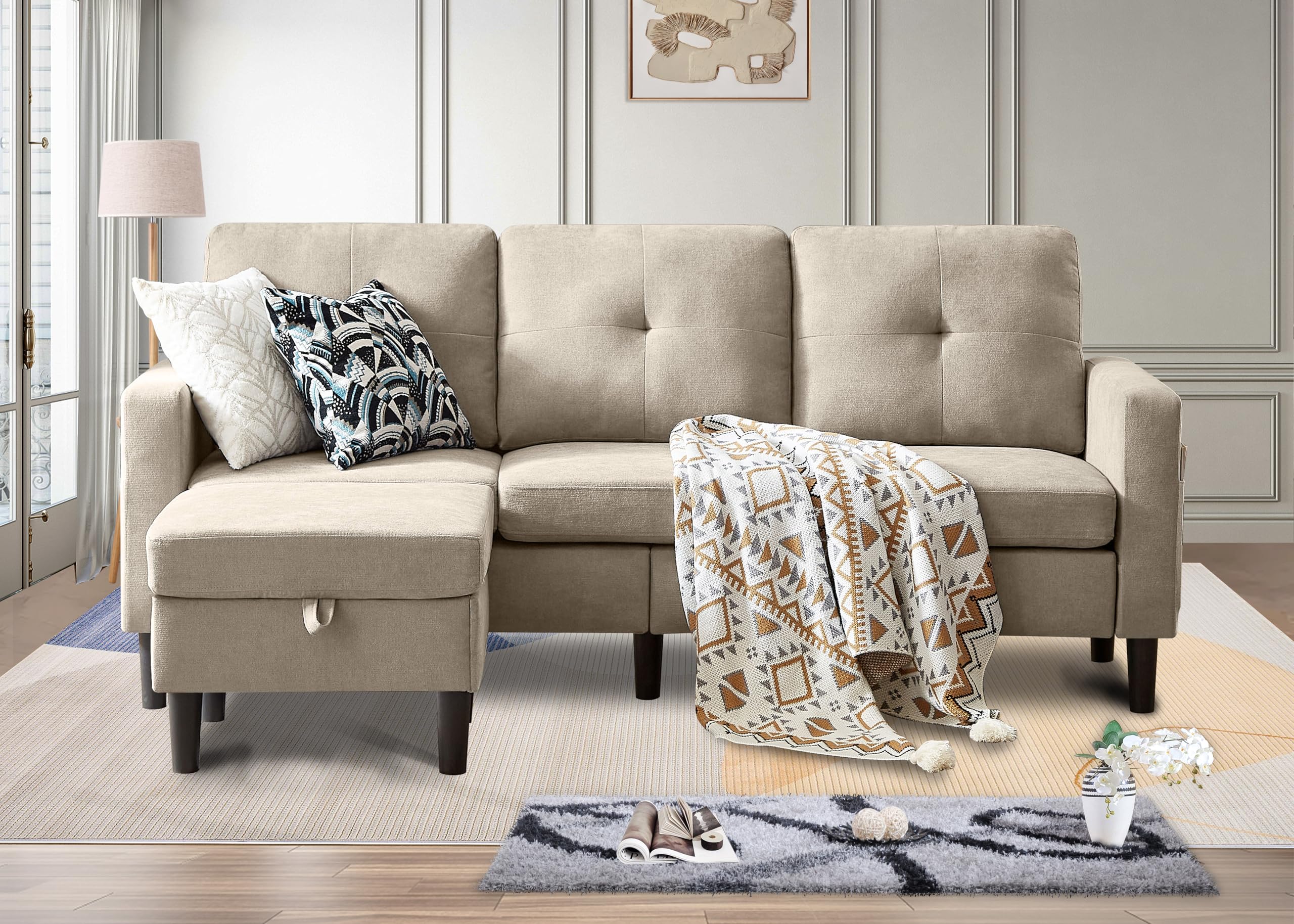 Pingliang Home Sectional Sofa Couches for Living Room, L Shaped Couch 3-Seat Convertible Sectional Sofas with Removable Storage Ottoman, Modern