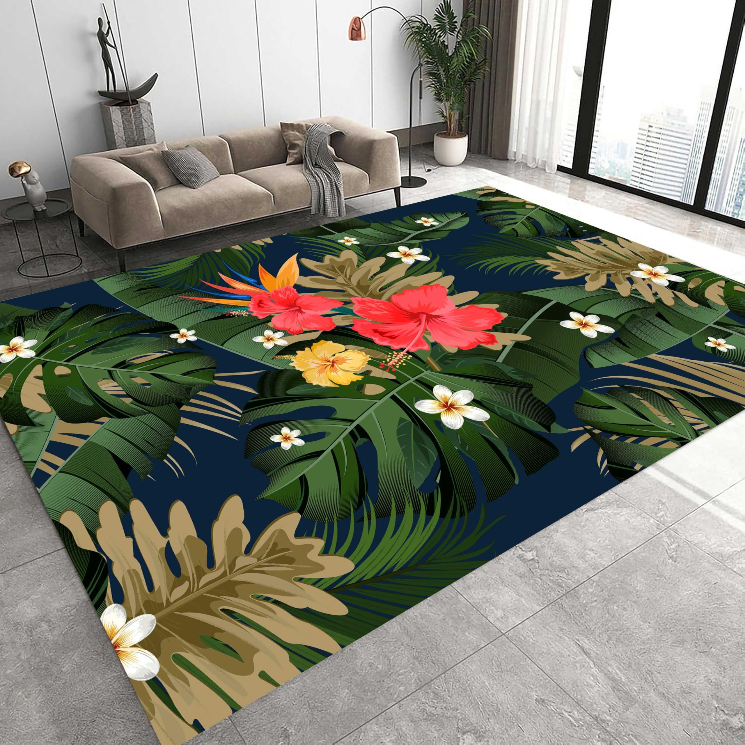 Kuluoits Leaf Area Rug, 180x260cm, Tropical Plant Theme Floor Mat, Monstera Red Yellow White Floral Pattern Print Rug, Washable Non-Slip Indoor Floor Mat for Entrance Living Room Apartment Dormitory
