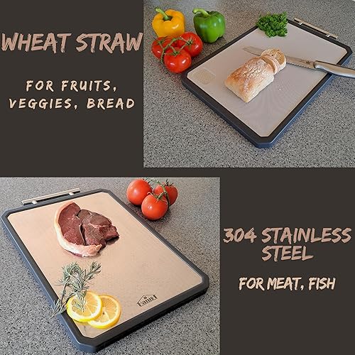 Miniatura 3 de HANNH Tabla de cortar de acero inoxidable, tabla de cortar de acero de doble cara para cocina, acero inoxidablepaja de trigo PP, tablas de cortar de
