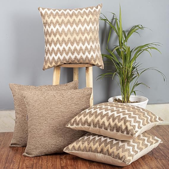 Cazimo Jacquard Geometric Chevron Cushion Covers - Set of 5, 16 * 16 inches, (Beige)