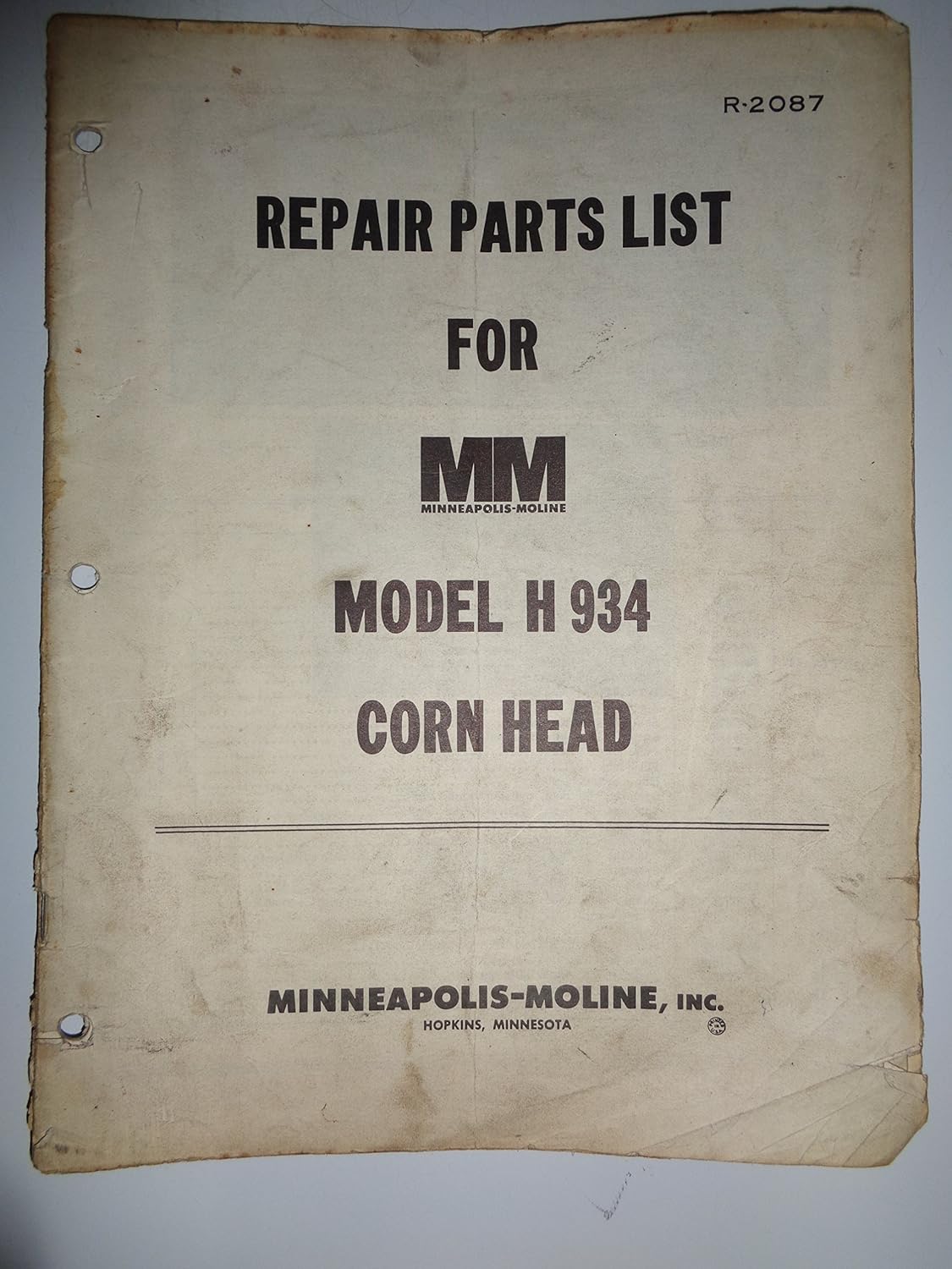 MInneapolis Moline H934 Corn Head Parts List Catalog Book Manual R2070