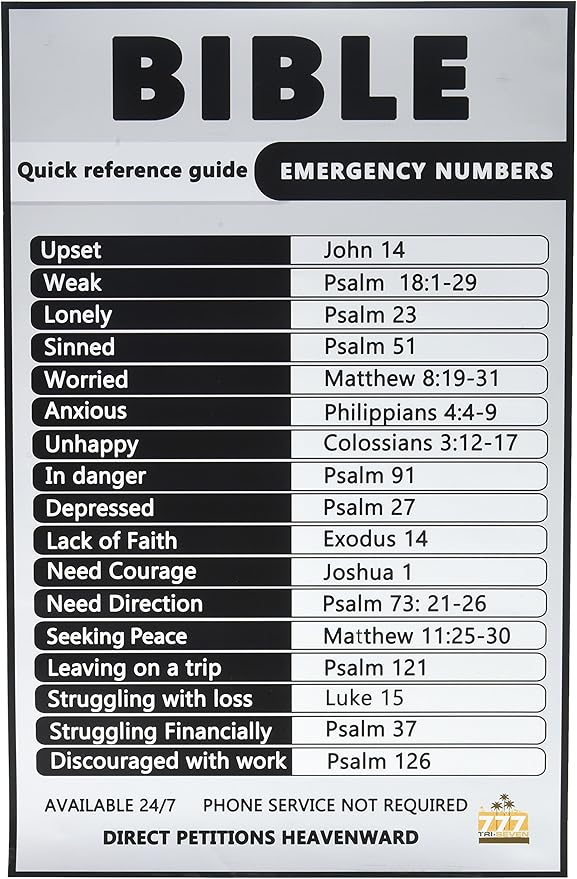 Amazon.com: 777 Tri-Seven Entertainment Bible Emergency Numbers Poster  Inspirational Scripture Art Print, 11" X 17": Posters & Prints