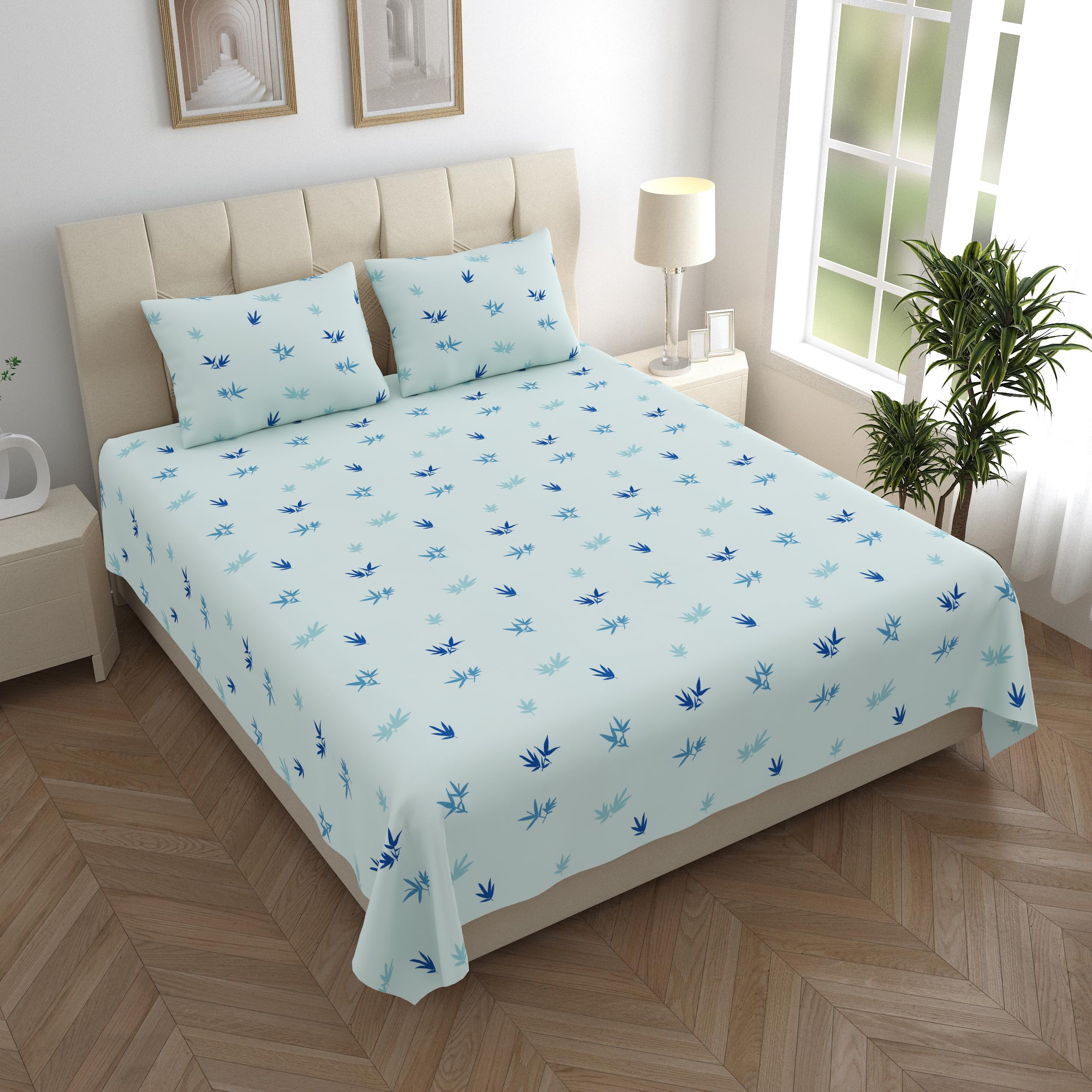 LINENWALAS 100% Cotton Double Bed Sheet for Double Size Bed, Printed Luxury Bedsheet (90 x 100 Inches) with 2 Pillow Covers | 210 TC Soft, Breathable, Luxury Bedsheet (Blue Leaf)