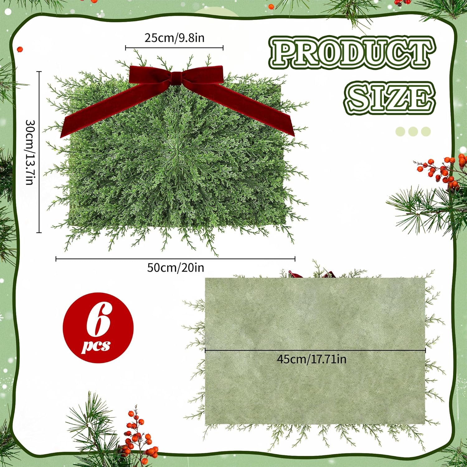 6 Pcs Christmas Table Placement, 20 * 13.8 Inch Large Greenery Placemats, Rectangle Cedar Branch Place Mat with Bow Christmas Dining Table Decor for Winter Holiday Xmas Home Kitchen Dining Room Table