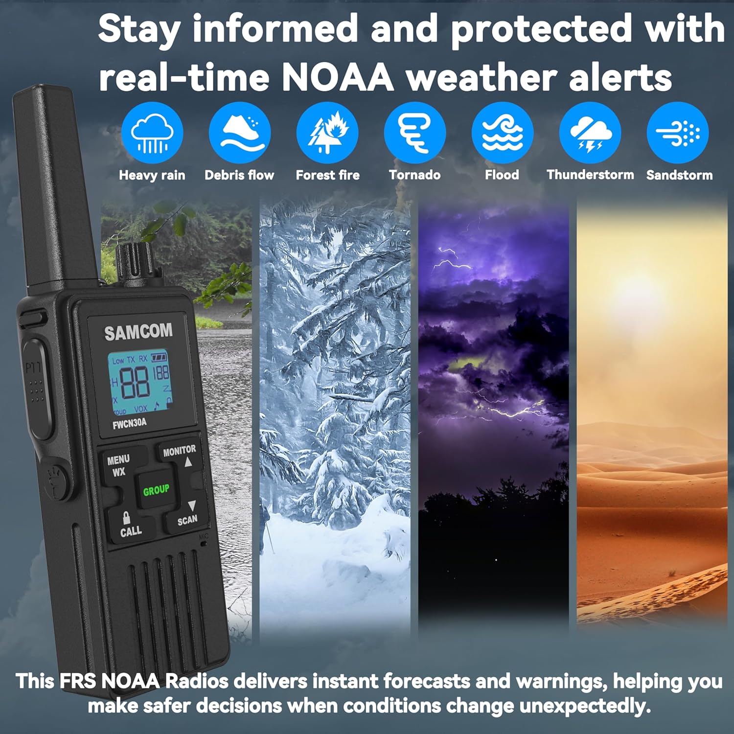 FRS Walkie Talkies Long Range for Adults,Rechargeable FWCN30A Radios with NOAA Family 2 Way Radio with Earpiece 1250mAh Flashlight USB for Camping Hiking Cruise,4Pack