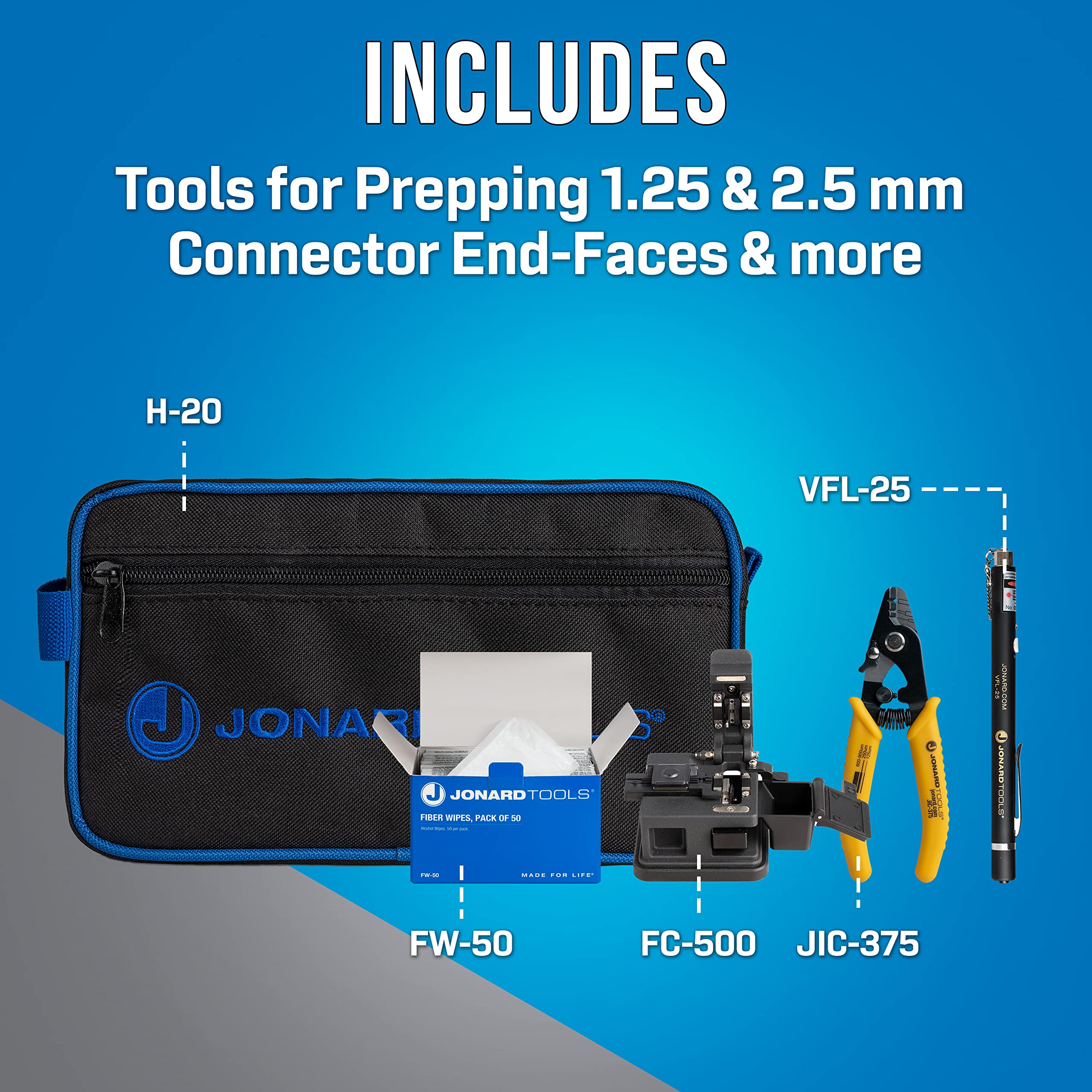 Jonard Tools TK-184 Fiber Optic Connector Clean and Prep Kit with VFL, Fiber Cleaver, Fiber Stripper, and Fiber Wipes