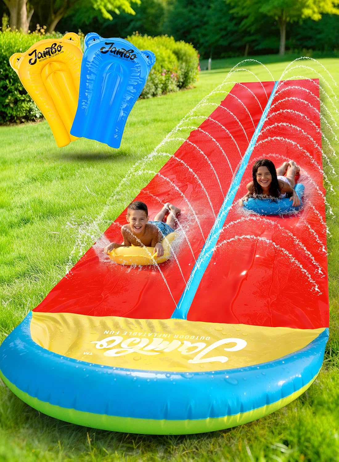 JAMBO 24Ft XL Slip Splash and Slide and 2 Bodyboards, Heavy Duty Lawn Water Slide, Summer Water Toy with Sprinkler for Backyard Outdoor Water Fun n Toys for Kids, Splash Mat Splash Pad