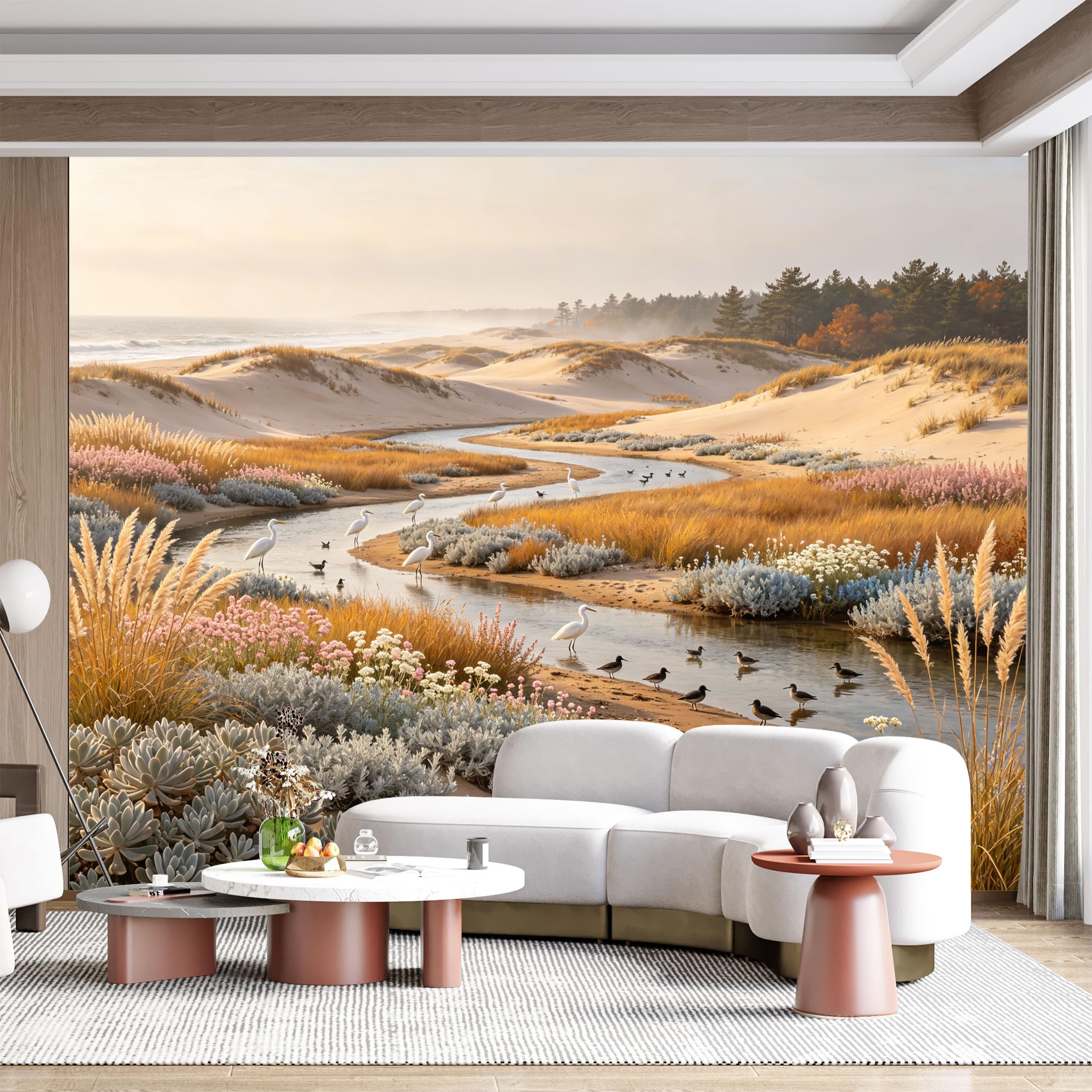 Custom Size Wall Mural Coastal Landscape Ocean Shoreline Wetland Birds Seascape Panoramic SelfAdhesive Wall Fabric Removable for Home Office Decor