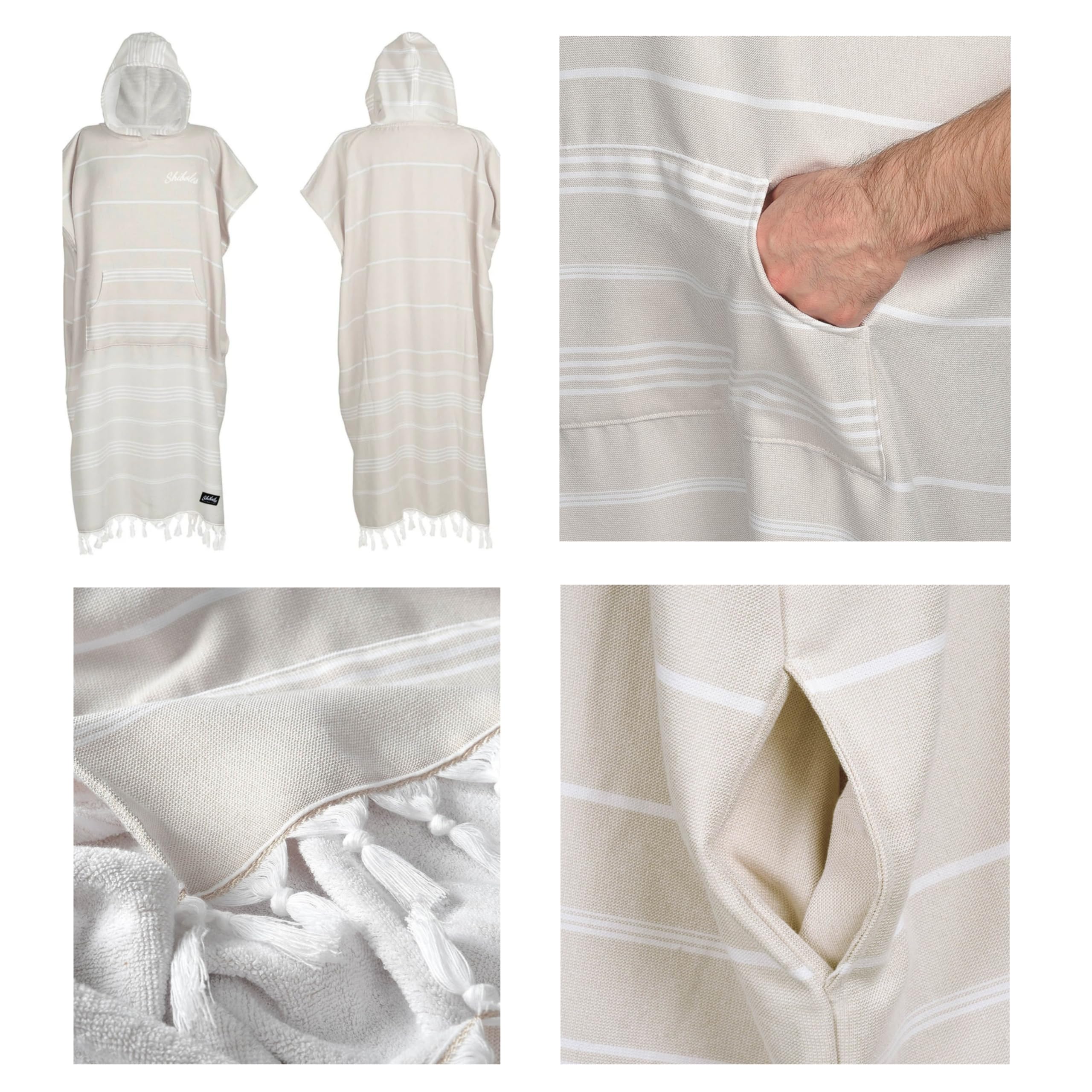 Poncho de Bain Adulte Deniz 100% Coton – Style Serviette Turc peshtemal – Intérieur éponge Absorbant – Doux & Confortable – Idéal Plage, Sport, Douche, Camping – Unisexe (Beige, L/XL)