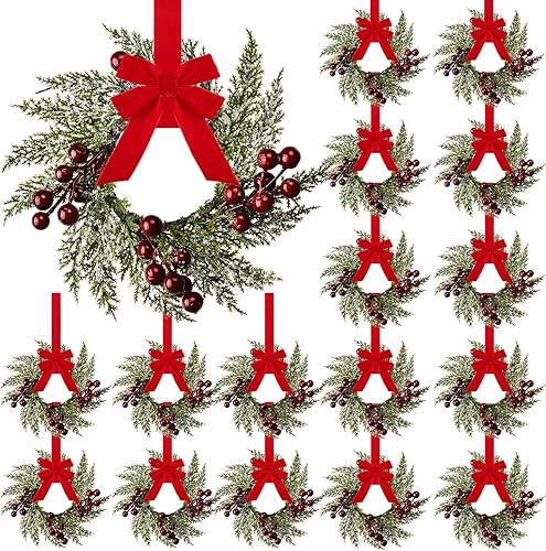 Miniatura 8 de 8 Piezas de Mini Coronas de Navidad de 8", Pequeñas para Gabinete de Cocina/Ventana/Puerta Principal, Bayas Rojas Artificiales y Piñas, Anillos