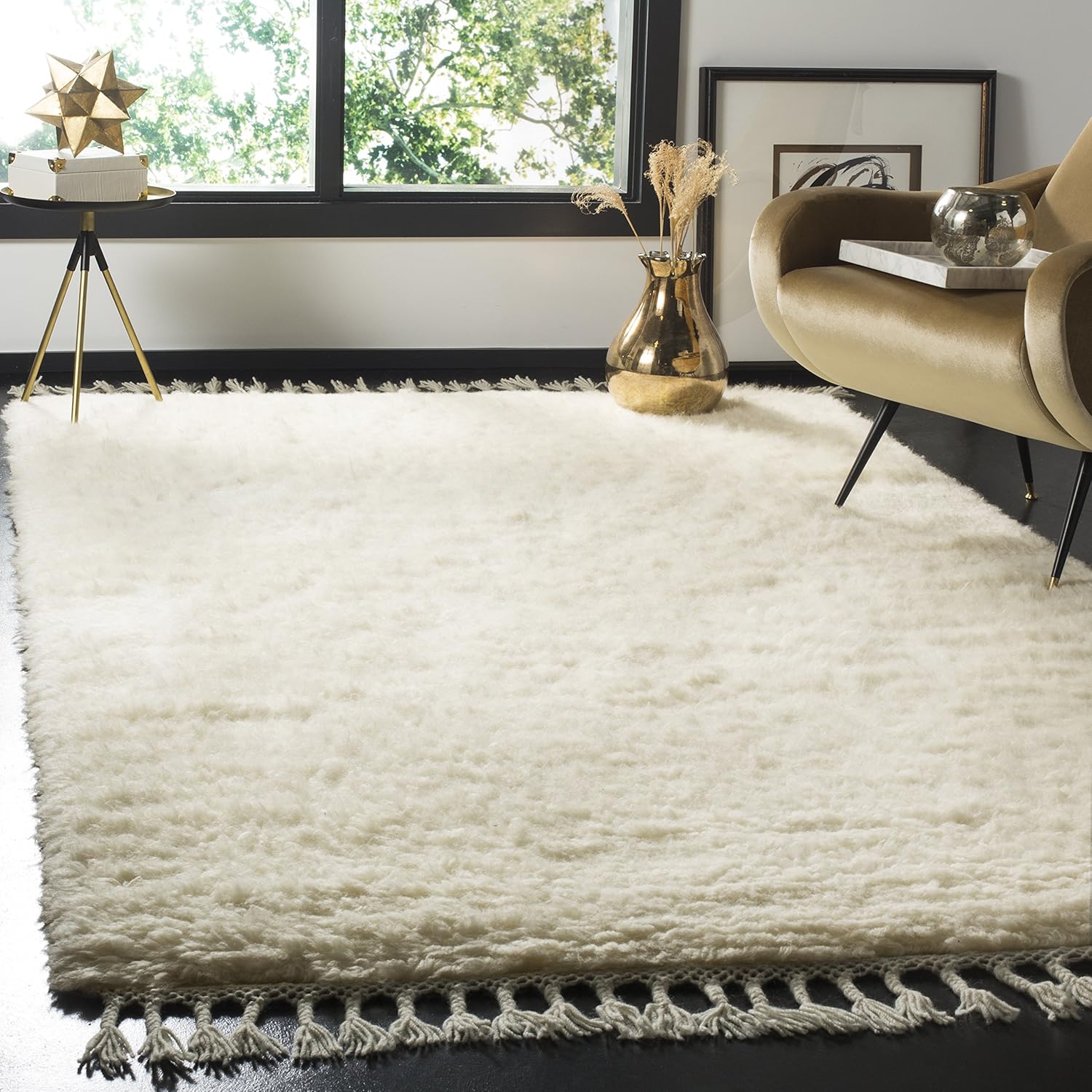 Ivory Hand-Tufted Wool Shag Area Rug with Fringe, 8' x 10'