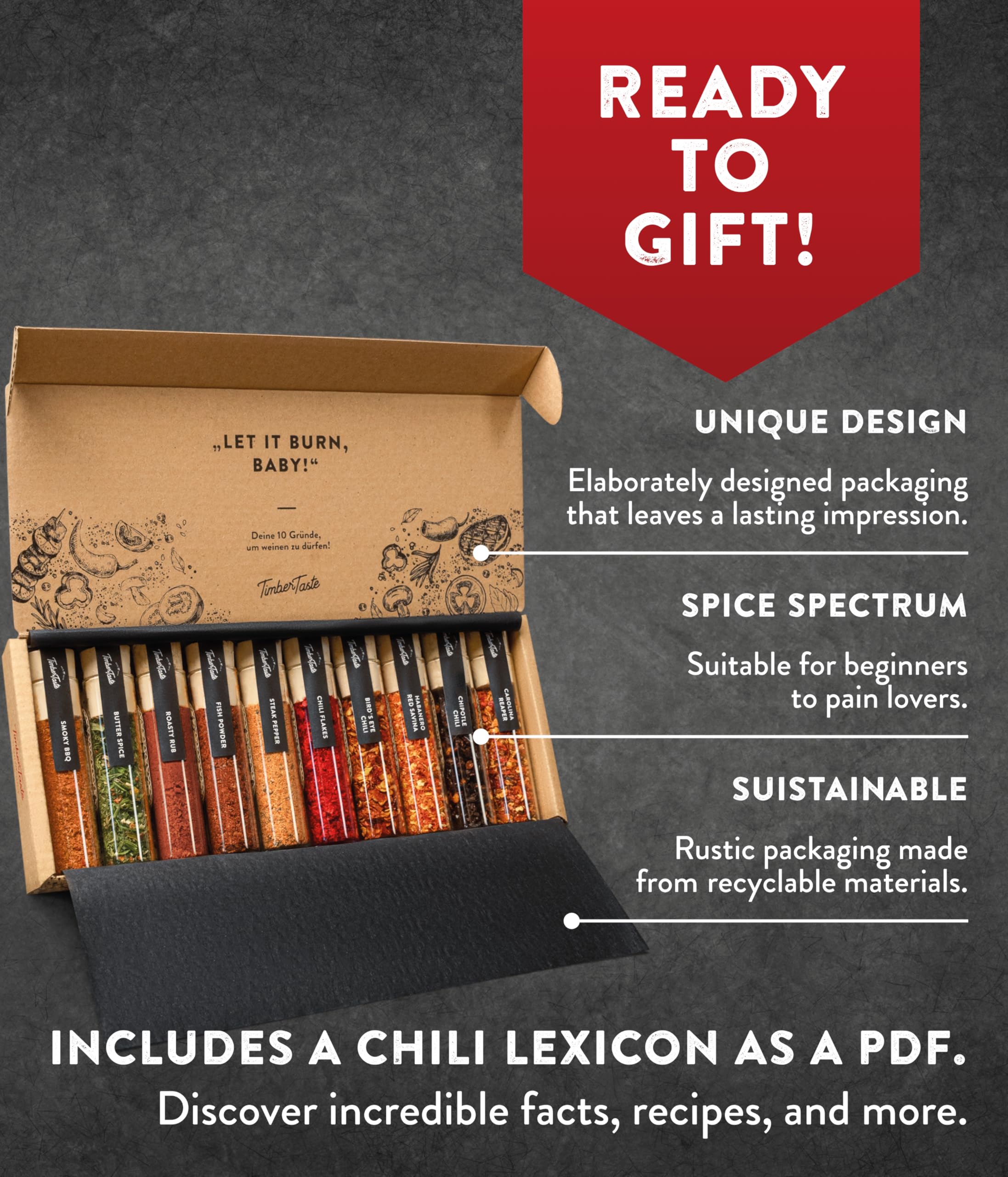 TIMBER TASTE® Gewürzset Geschenk Herren 10er Set 5 Grill Gewürze 5 scharfe Chilli Gewürze 1.200.000 Scoville