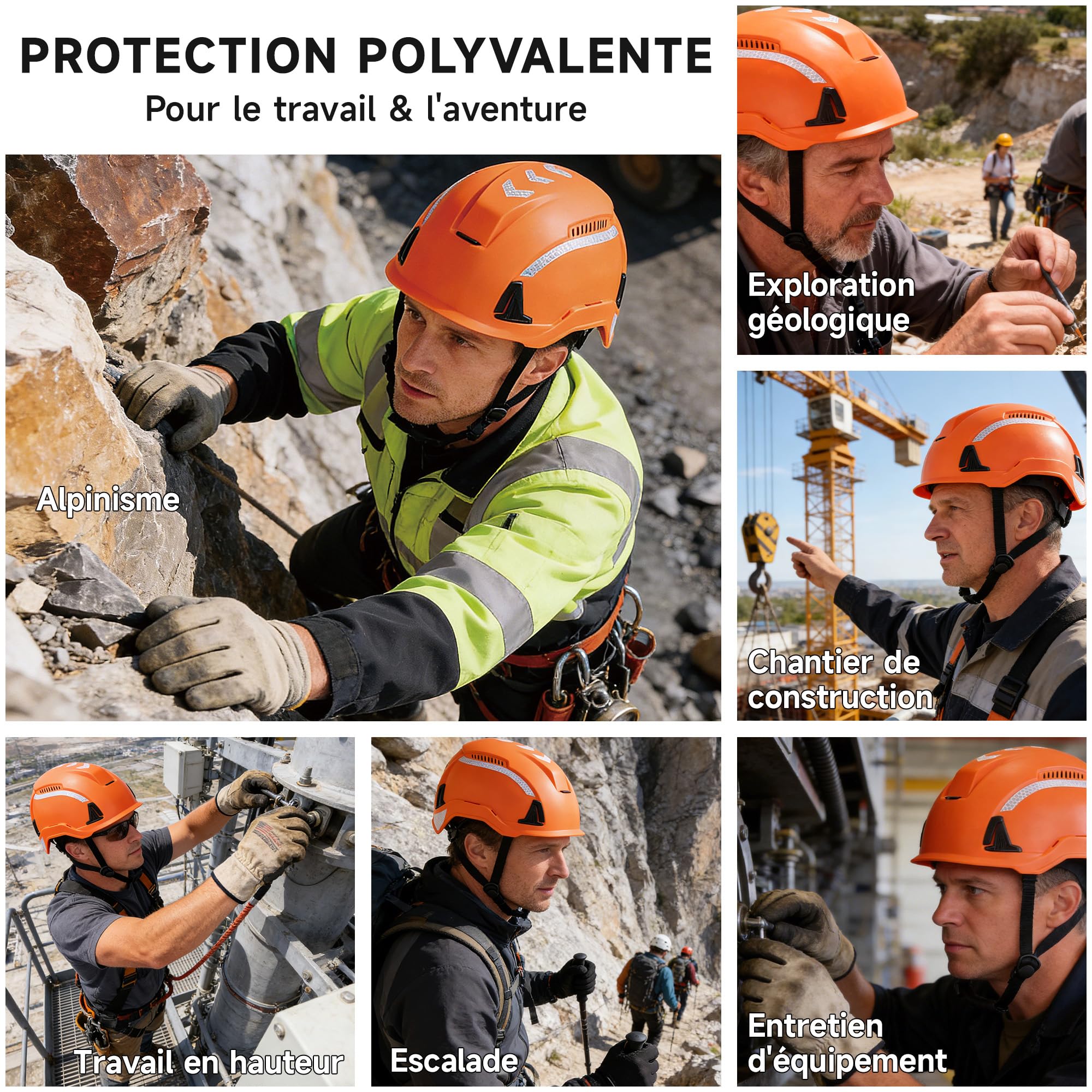 SAFEYEAR Casque de sécurité de type 2, casque de chantier et d'escalade EN397 & EN12492, casque de travail avec mentonnière, ventilation, bandes réfléchissantes et bouton rotatif de 53 à 64 cm, casque