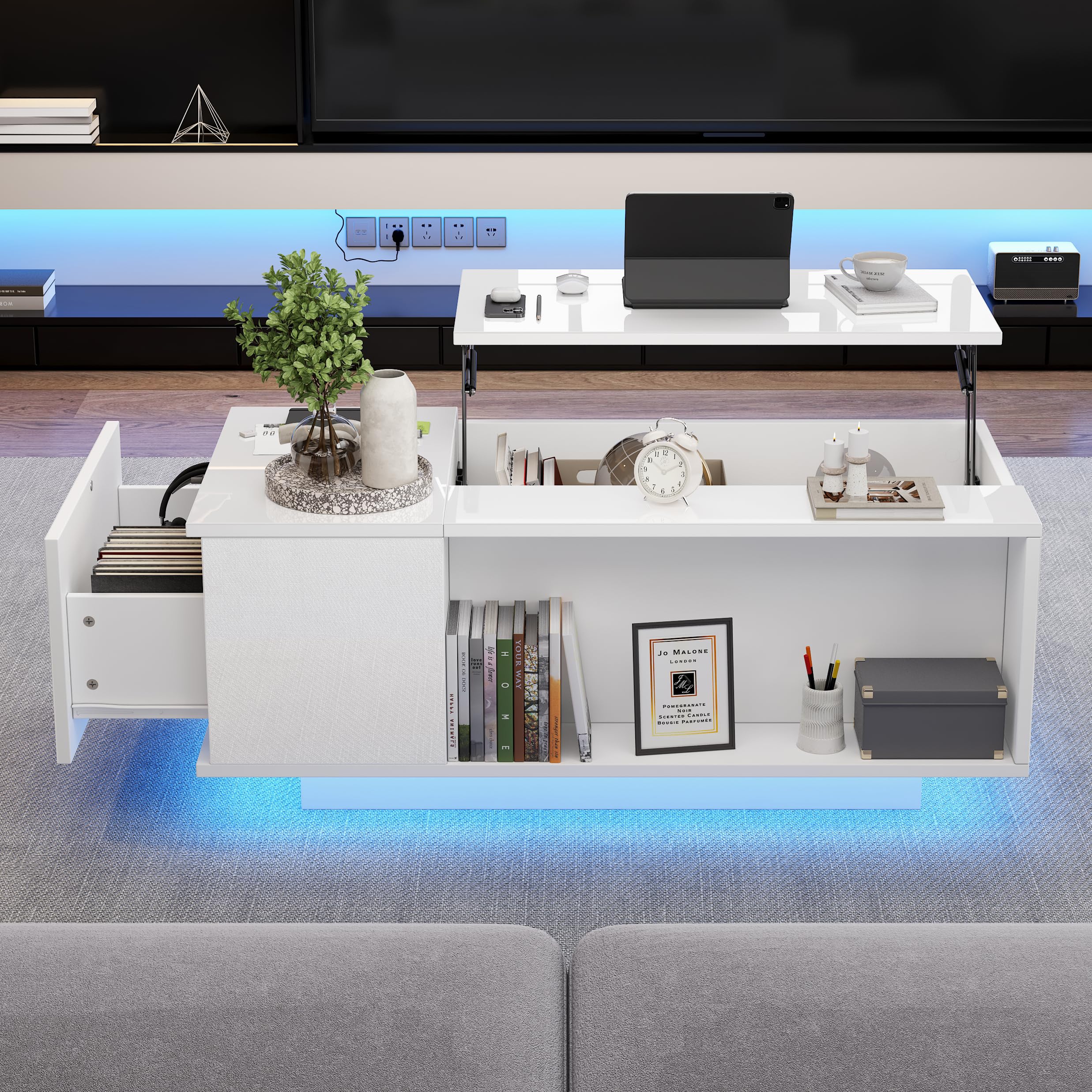 Merax Couchtisch mit Höhenverstellbarer Platte, Modern Hochglanz Wohnzimmertisch mit LED, Sofatisch Kaffeetisch mit Schubladen, Versteckte & offene Stauraum, Rechteckig Mitteltisch Beistelltisch, Weiß