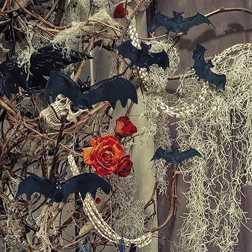 Miniatura 6 de Decoraciones de murciélagos colgantes de Halloween, 5 piezas de murciélagos de goma voladores espeluznantes para exteriores e interiores,