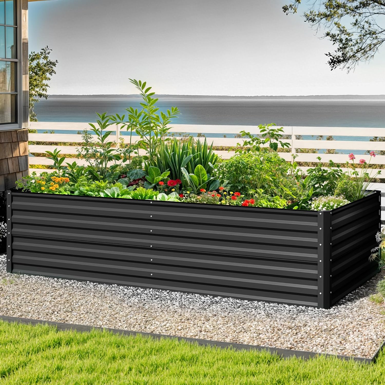 DWVO 8 x 4 x 2 FT Raised Garden Bed Kit, Outdoor Galvanized Flower Bed with Safety Rubber and Gloves, Large Metal Planter Box for Vegetables, Flowers, Herbs, Fruits, Black