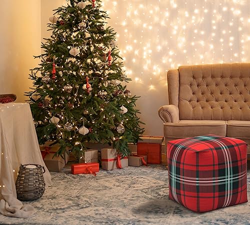Miniatura 6 de COTTON CRAFT Puf de tartán a cuadros, taburete otomano de Navidad y Navidad, para dormitorio, decoración del hogar, cómodo puf cuadrado de algodón