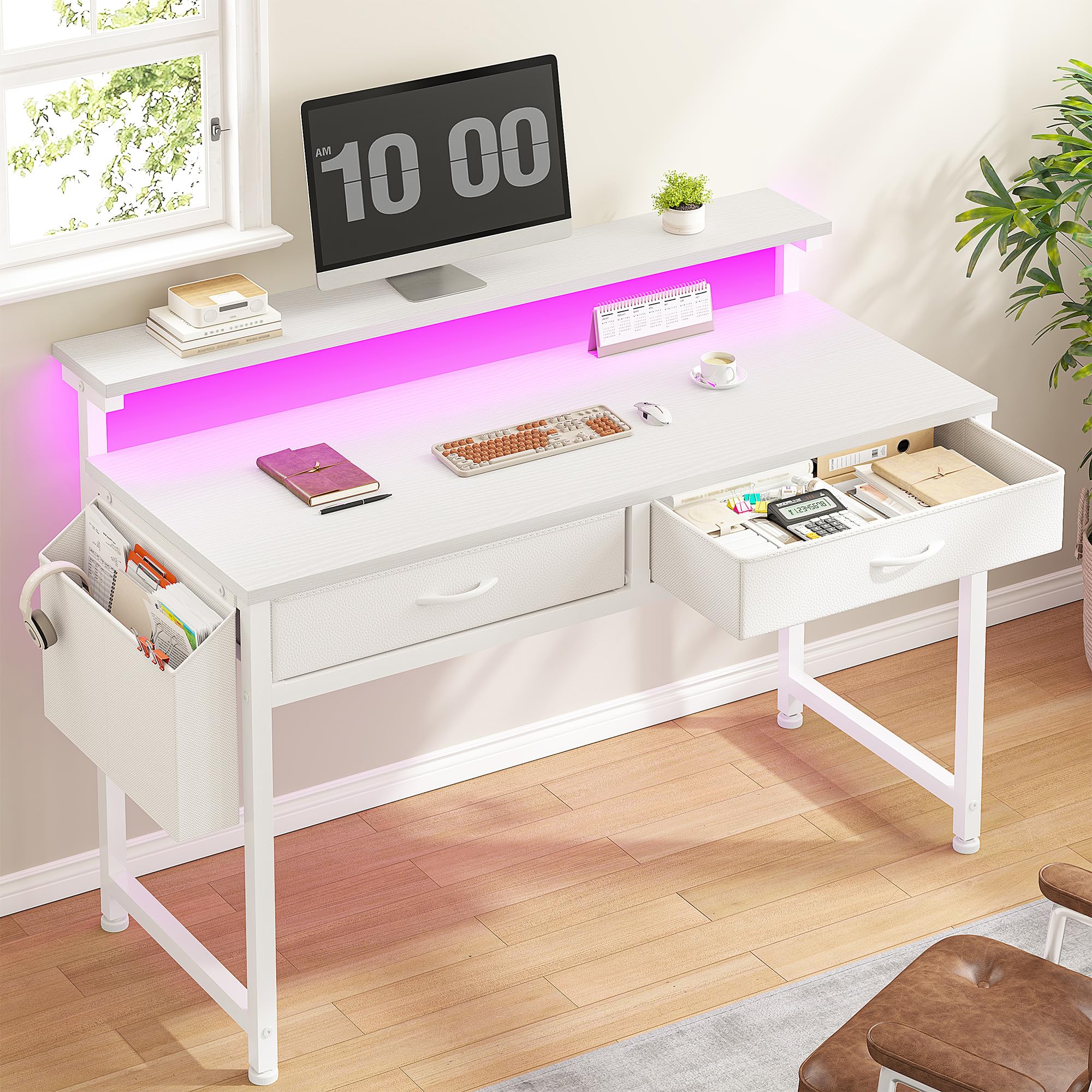 DurayLoly 39.4”Computer Desk with 2Drawers & LED Lights,Space Saving,White