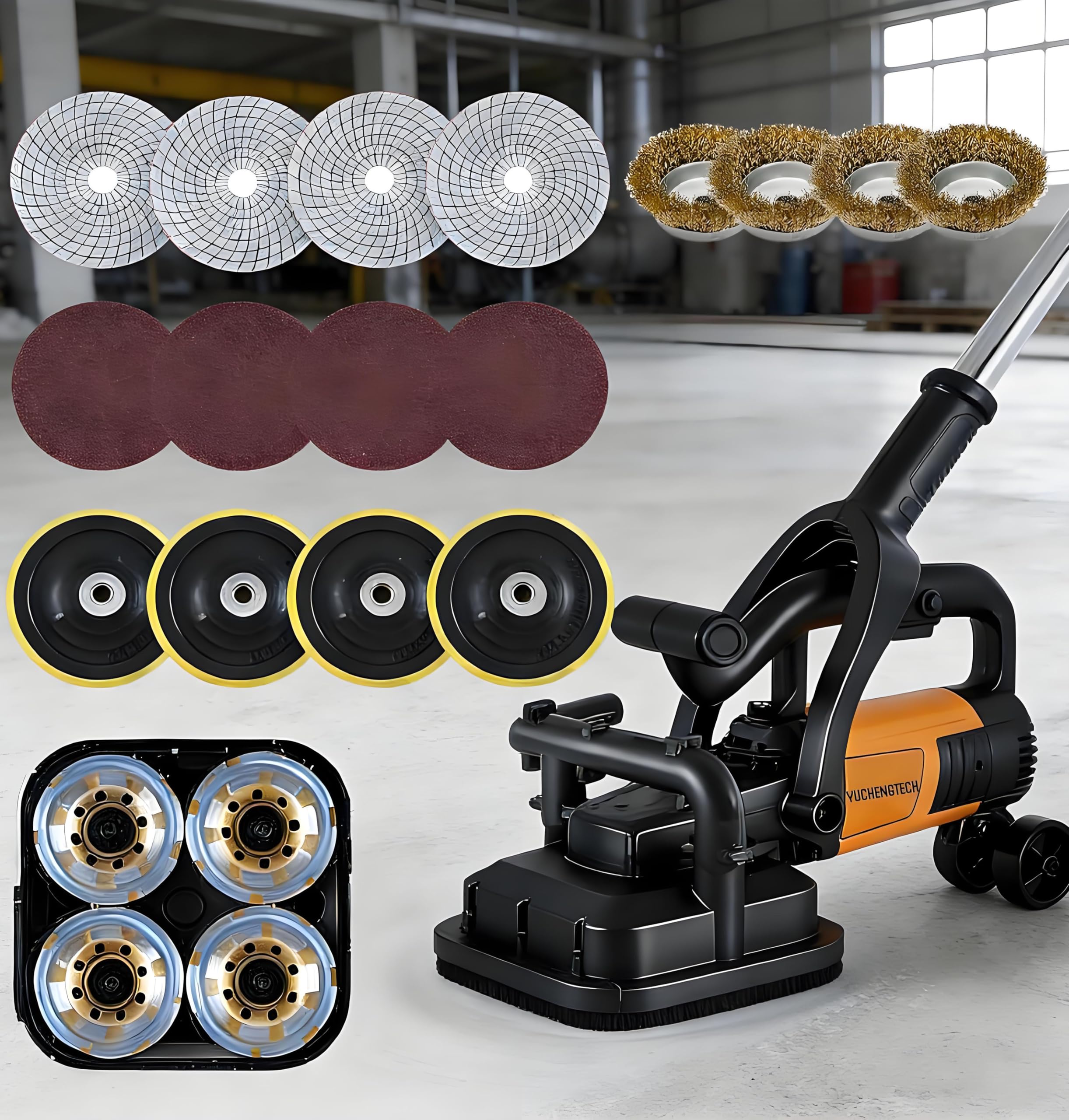 AiODiO 4-Head Concrete Floor Grinder Set, with Extendable Rod, 6000 RPM 4” Concrete Sander with 6-Speed Control，for Cement Marble Floors Granite & Surfaces