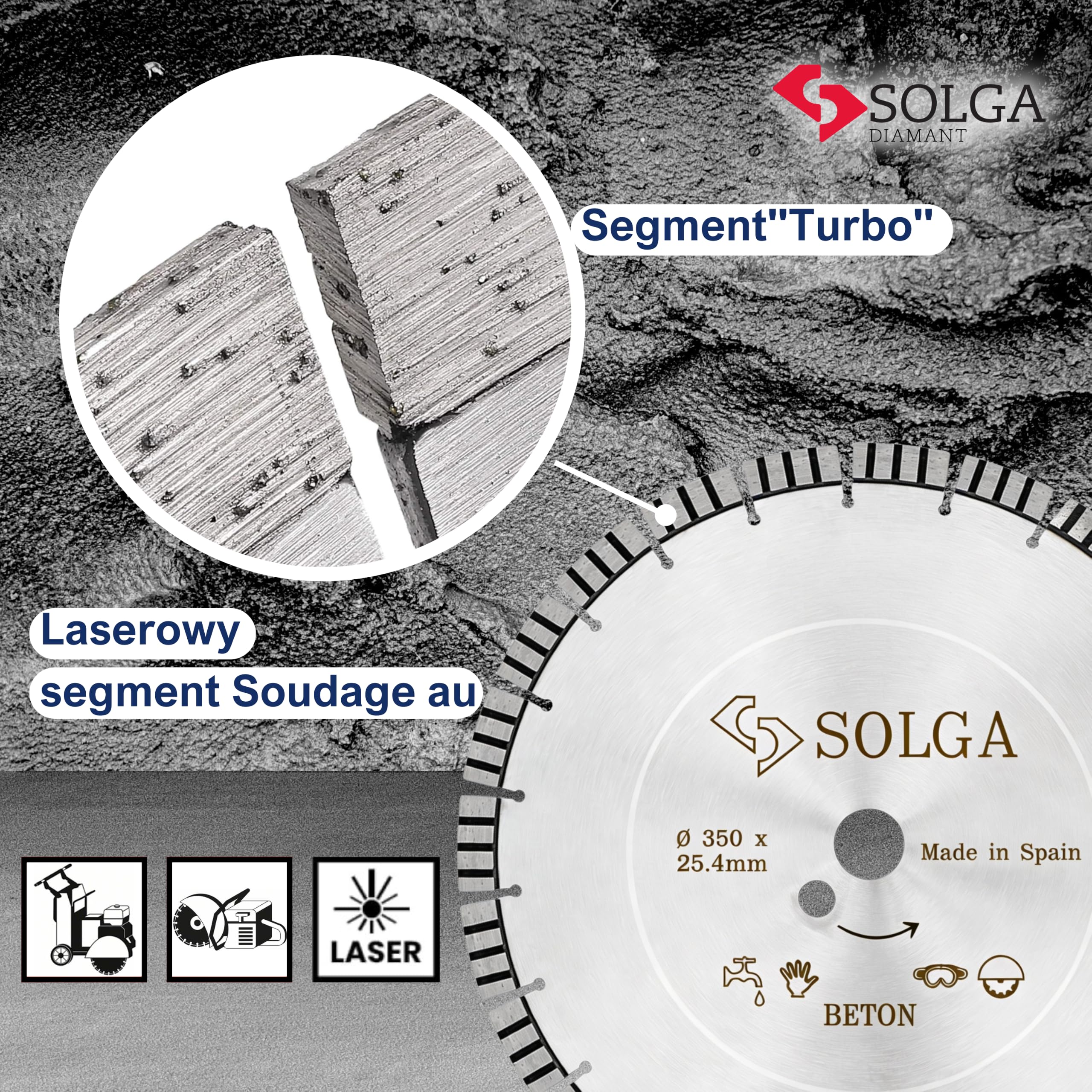 SOLGA DIAMANT Tarcza tnąca 350 mm TURBO, tarcza tnąca 350 mm, diamentowa tarcza tnąca do betonu zbrojonego, betonu, cegły, kamienia, betonu komórkowego, granitu, brzeszczot piły benzynowej,