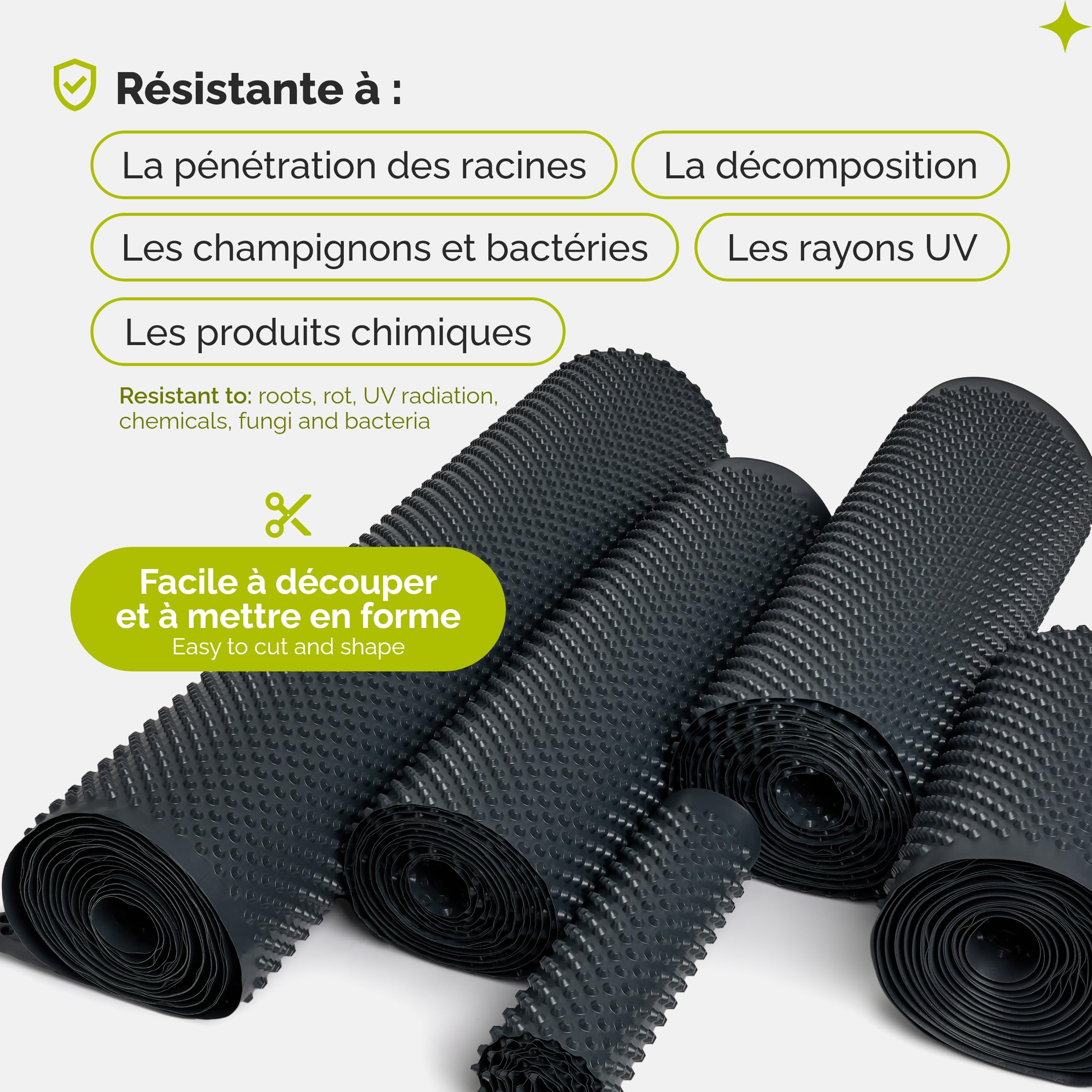 Garronda membrane à picots HDPE 400 g/m² - Film de drainage et étanchéité - Protection murs enterrés, fondations, jardin surélevé - 1 m × 10 m GD-0160