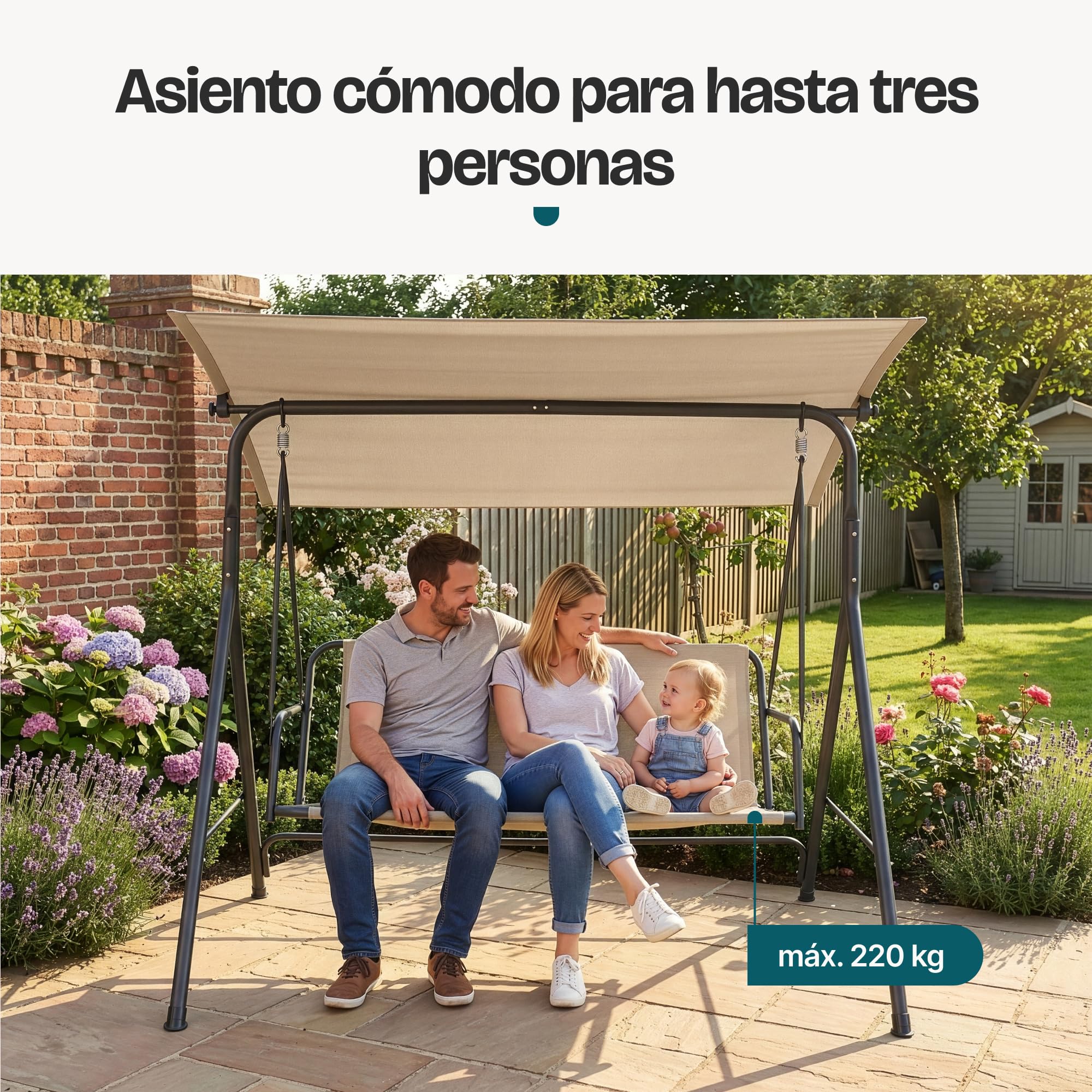 [en.casa] Balancín de Jardín Satten para 3 Personas Columpio para Exterior de 3 Plazas con Toldo Terraza Balcón Patio Resistente al UV y Agua 173 x 119 x 153 cm Acero - Verde Claro/Beige