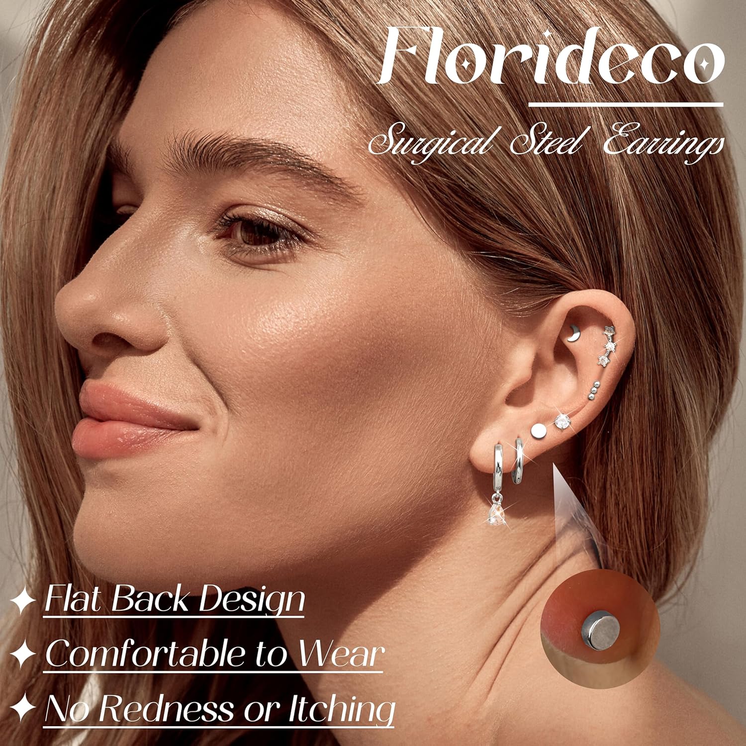 Florideco Hypoallergenic Flat Back Earrings for Women 14K Gold Plated Surgical Steel Stud Hoop Earrings for Sensitive Ears Stainless Steel Earrings Flatback Stud Cartilage Earring Set - Image 2