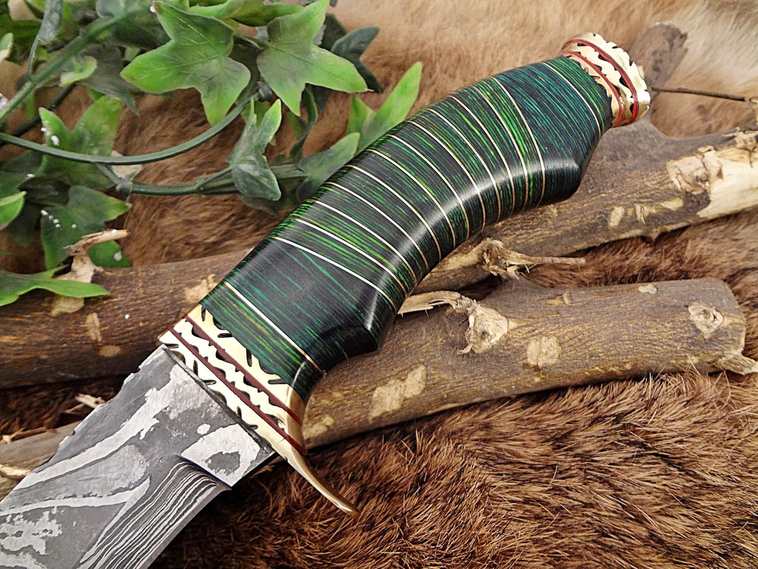 Damascus Steel Hunting Bowie Knife 14.5 Inches Custom Made Hand Forged with 10" Blade, 2 Tone Green Wood with Engraved Brass Scale, Thick Cow Hide Leather Sheath with Belt Loop