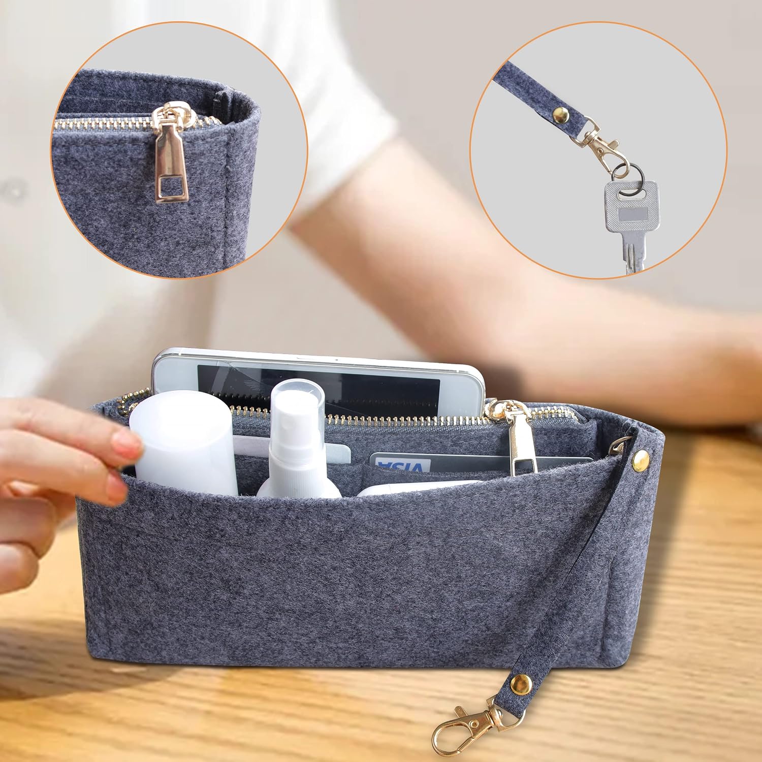 Multi Pochette Accessories Handbag Organizer Insert for Women, 2 Packs Purse Organizer Insert Fits for Pochette Purse Organizer Bag with Key Chains and Zipper, Grey image 5
