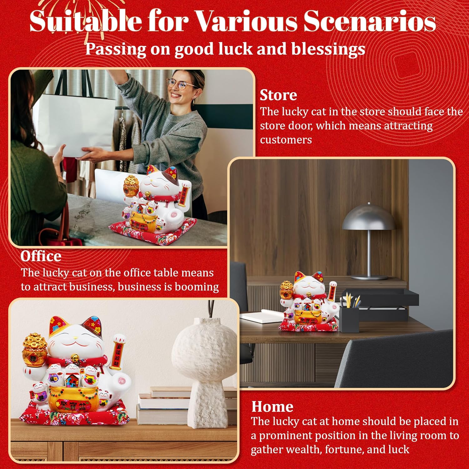 Nisorpa 11" Ceramic Lucky Cat Waving Arm, Maneki Neko Fortune Cat Statue with Auto-Swing Plastic Arm, Chinese Feng Shui Wealth Decor for Home Office Shop Decorative Gift for Good Luck & Prosperity - Image 3