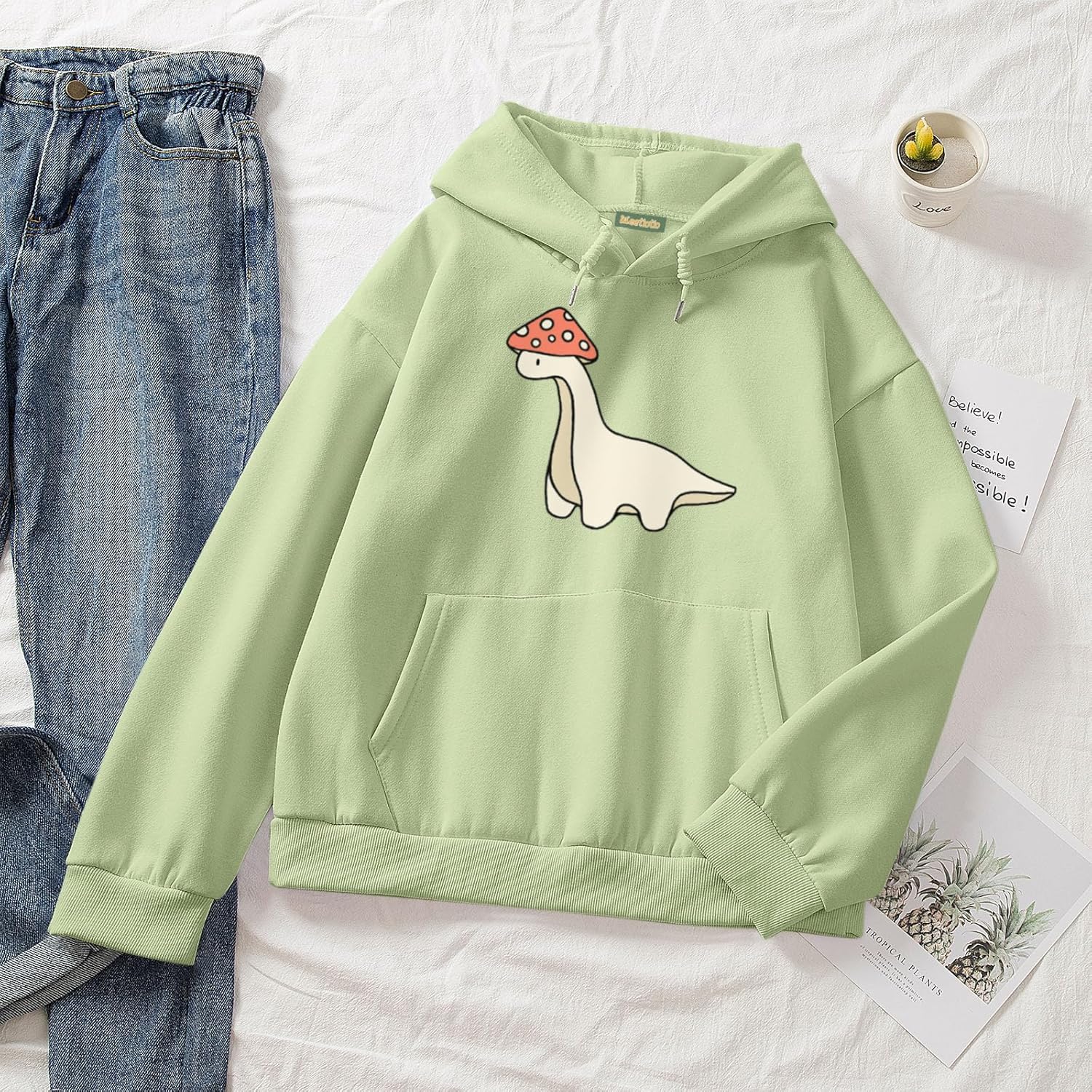 Oversized Cute Mushroom Dino Print Hoodies for Womens Kawaii Cartoon Sweatshirt Teen Girls Cotton Fleece Sweaters - Image 3