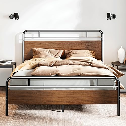 Miniatura 11 de SHA CERLIN Base de cama tamaño King con cabecera y pie de cama de madera, estructura de metal con esquinas redondeadas, listones de servicio pesado