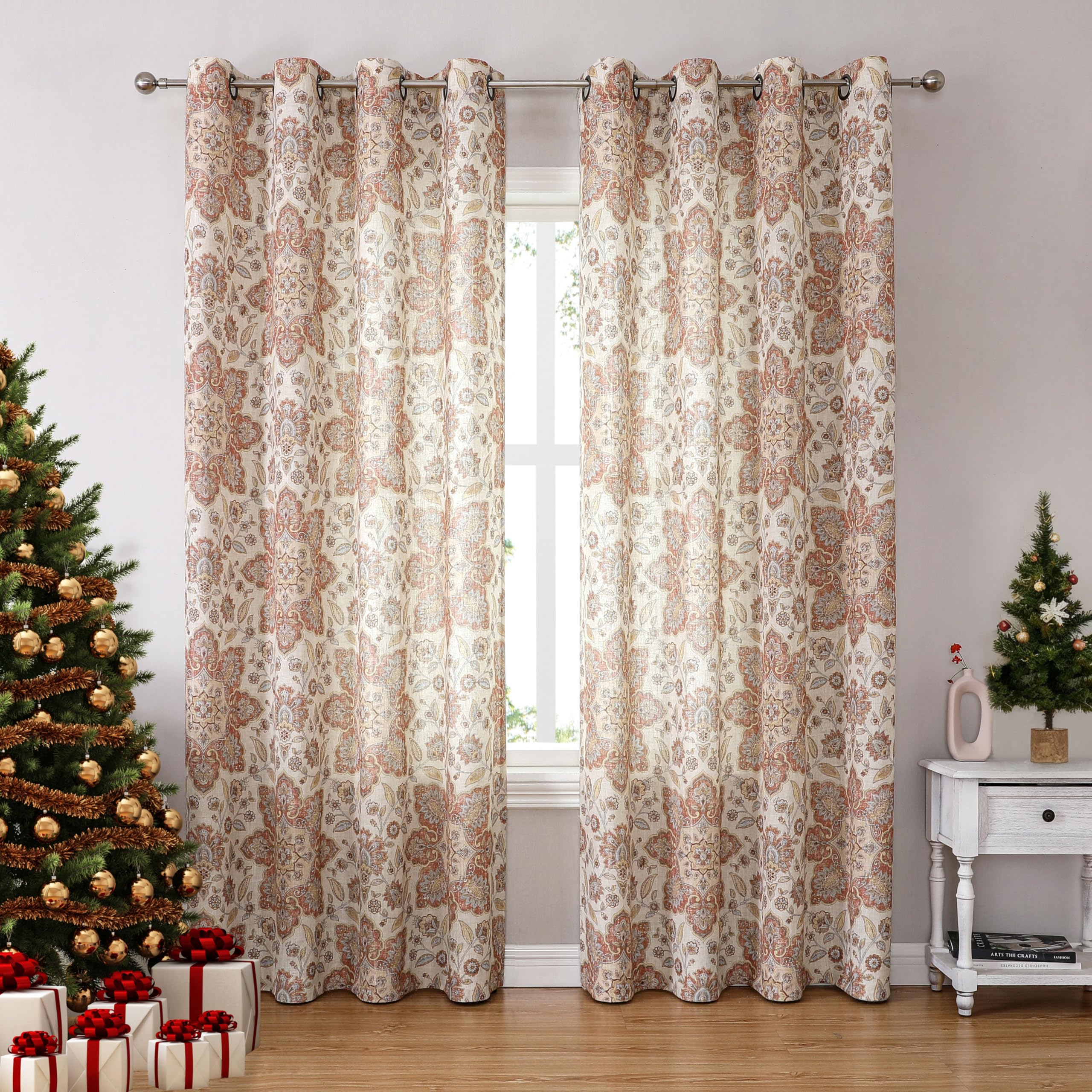 CENTRAL PARK Kwiatowy medalion vintage nadruk zasłona panel len mieszany nadruk botaniczny draperia okienna z przelotką do sypialni, salonu, złoty/czerwony, 137 cm x 203 cm x 2 cm