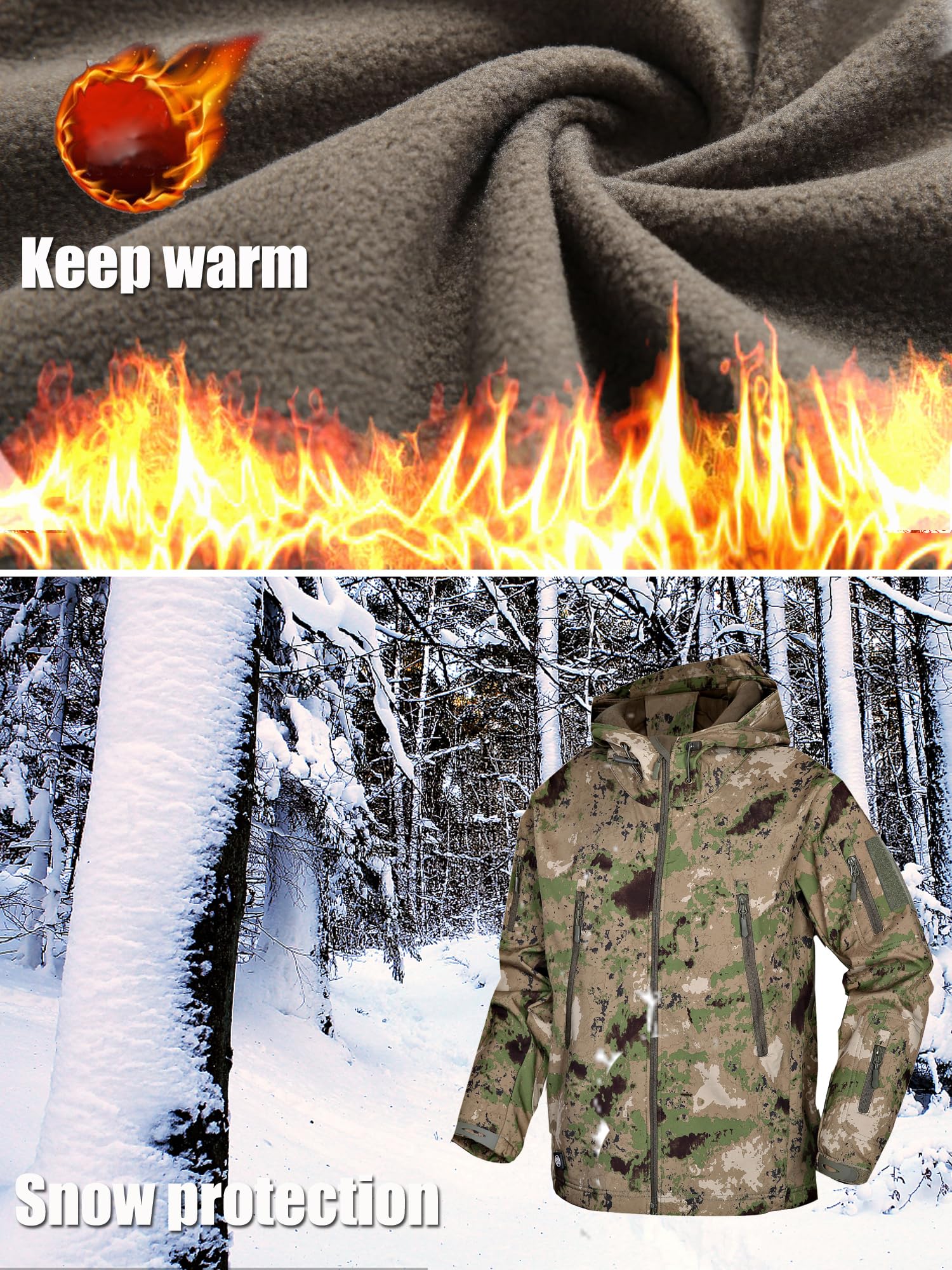 Kelmon Uomo Tattico Softshell Giacca Multifunzionale Outdoor Camouflage Militare Pile Fodera Impermeabile Antivento Calda Cappuccio Cappotto