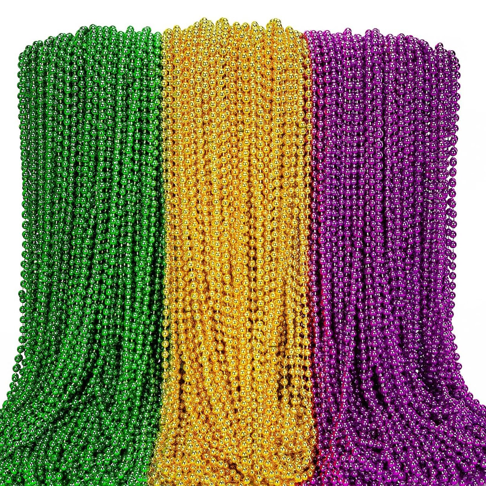 FINEWEN 102 PCS Mardi Gras Beads Green Purple Gold Metallic Beads Necklaces Accessories Bulk Carnival Beads Necklace for Parade Throws Party Decorations Supplies Favors